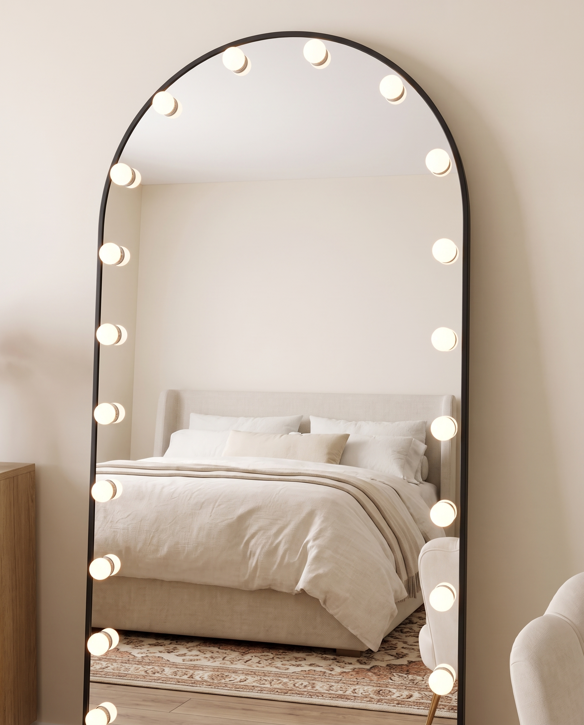 Angelina black arched Hollywood mirror, close-up of the bulbs