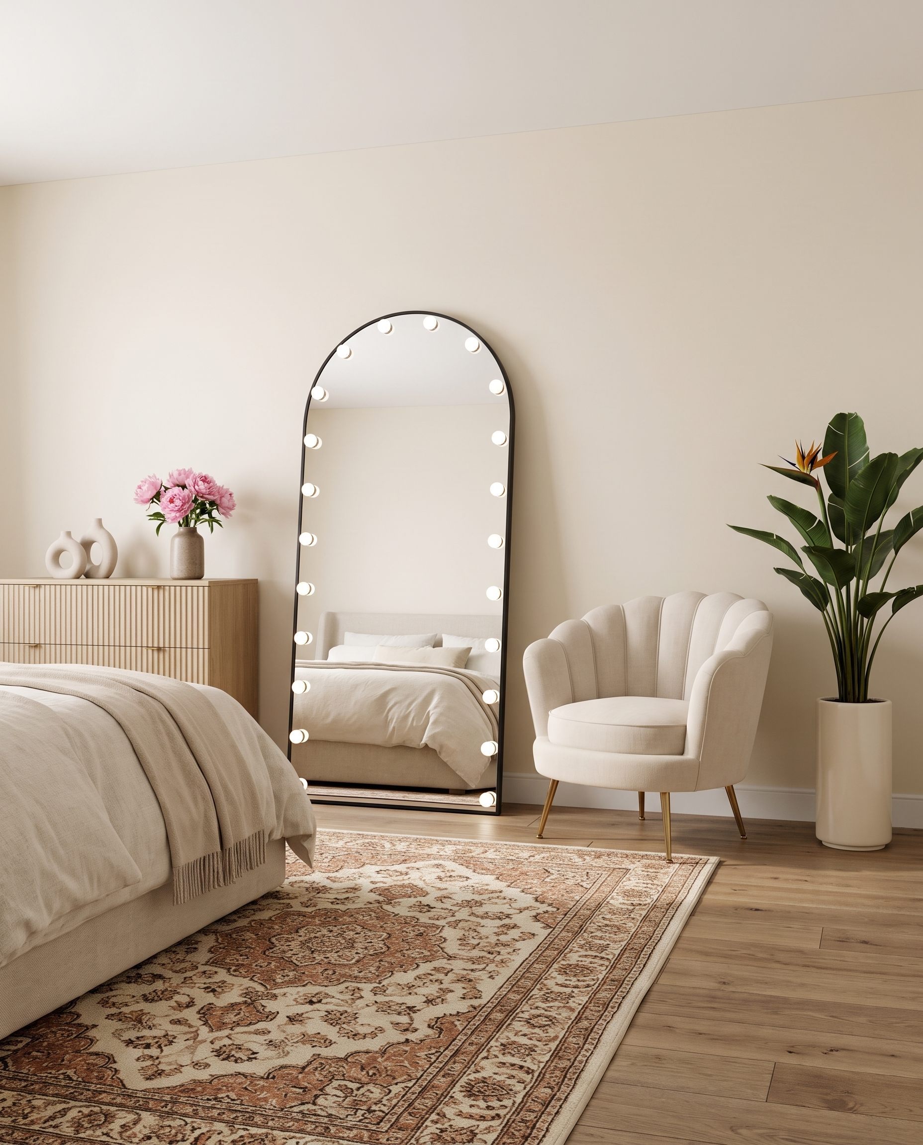 Angelina black arched Hollywood vanity mirror on a Dubai dressing table