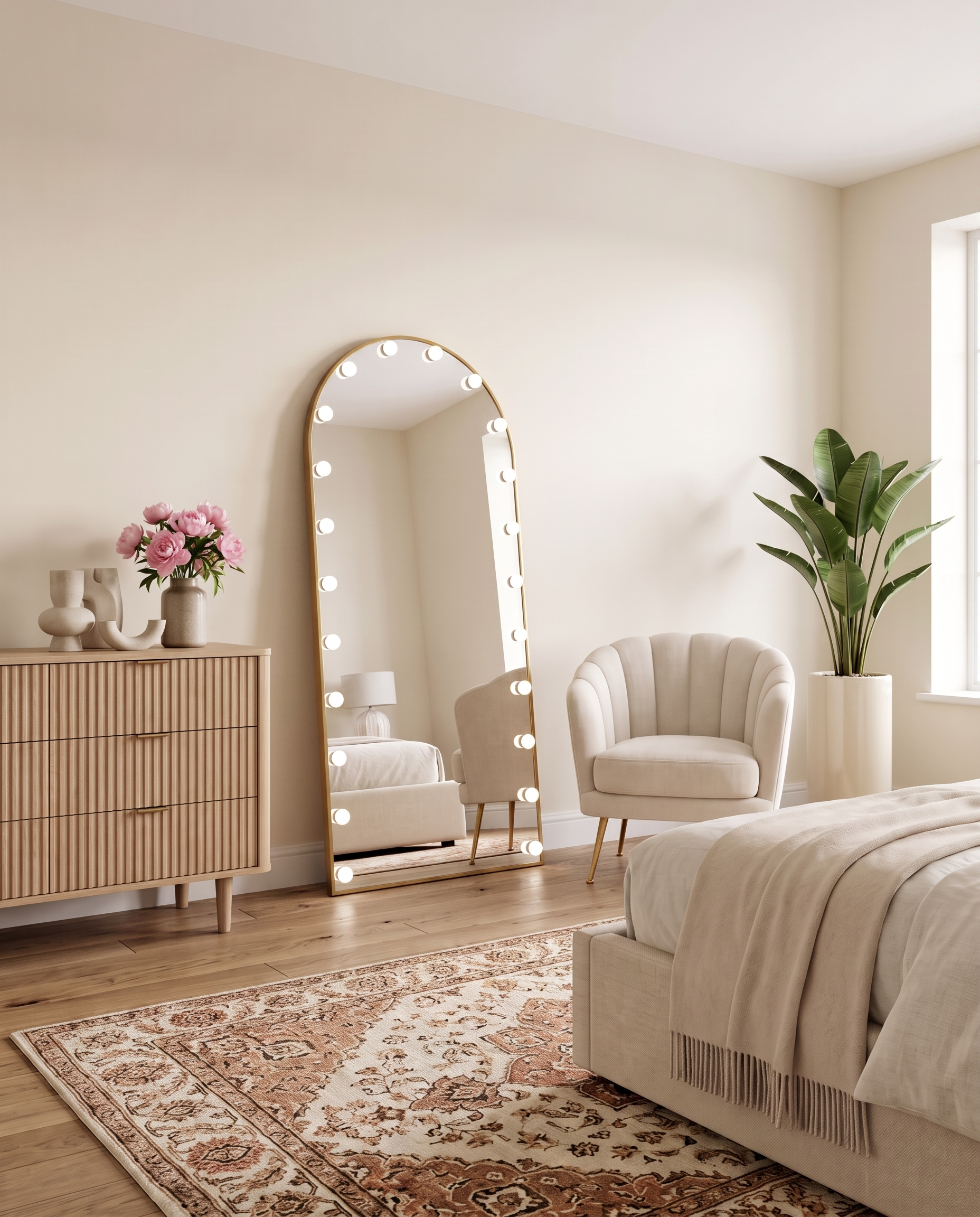 Angelina gold arched Hollywood vanity mirror on a Dubai dressing table