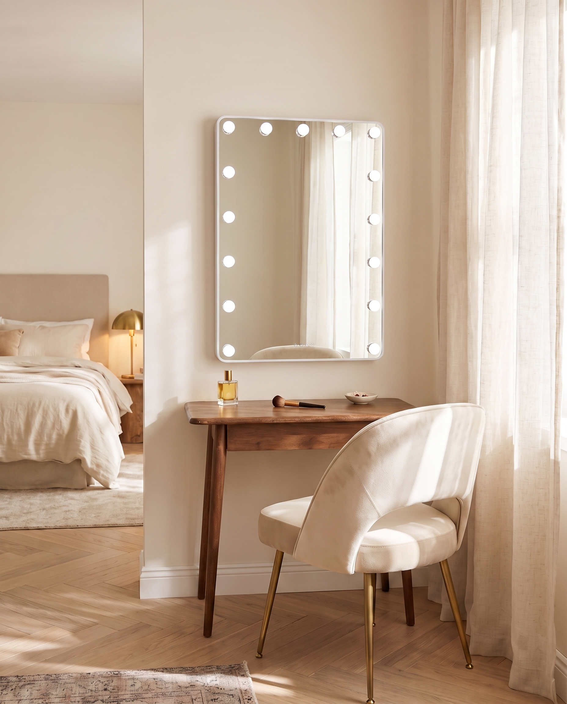 Angelina silver LED Hollywood vanity mirror on a Dubai dressing table