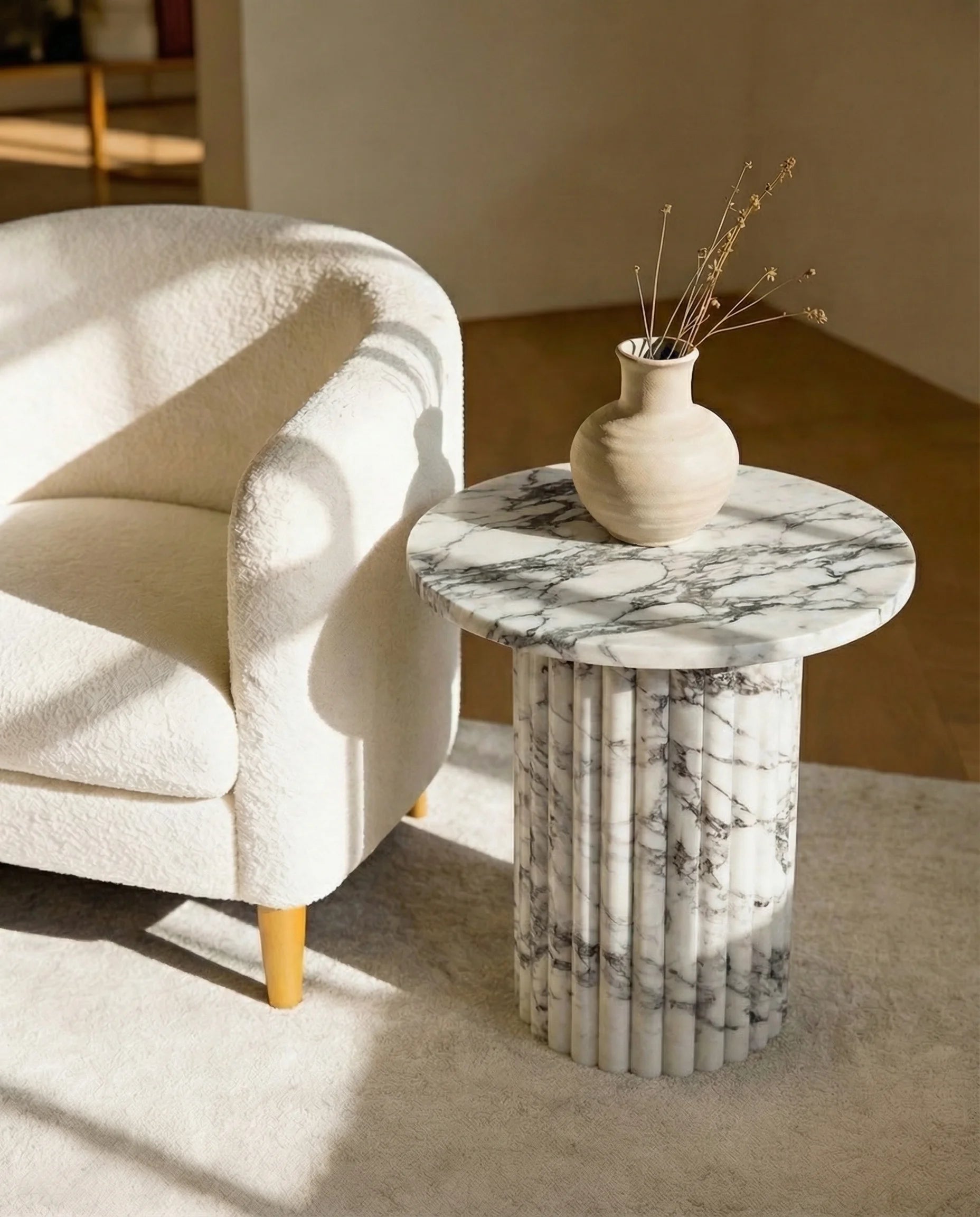Arabescato Marble Accent Table with Fluted Base