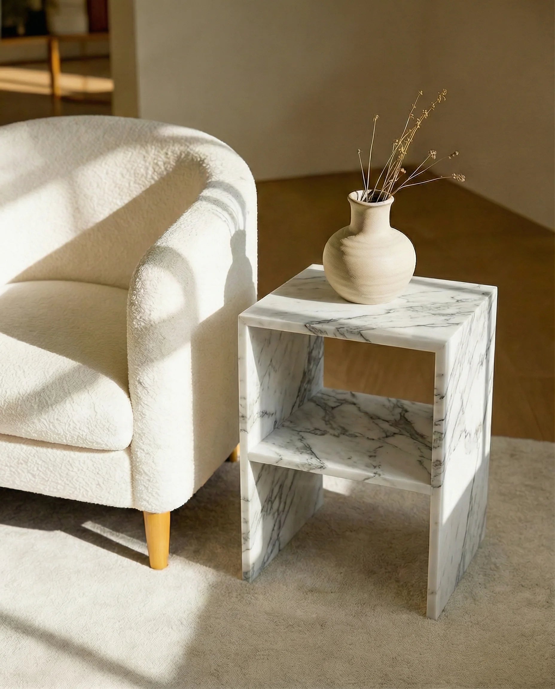 Arabescato Verde Marble Rivet Side Table with Shelf