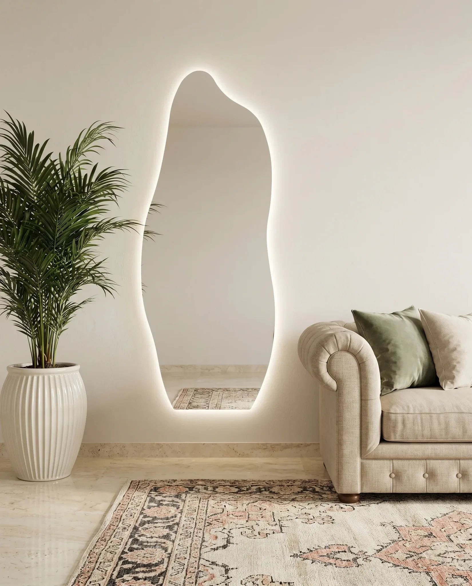 Ariana backlit wavy frameless mirror on a Dubai feature wall