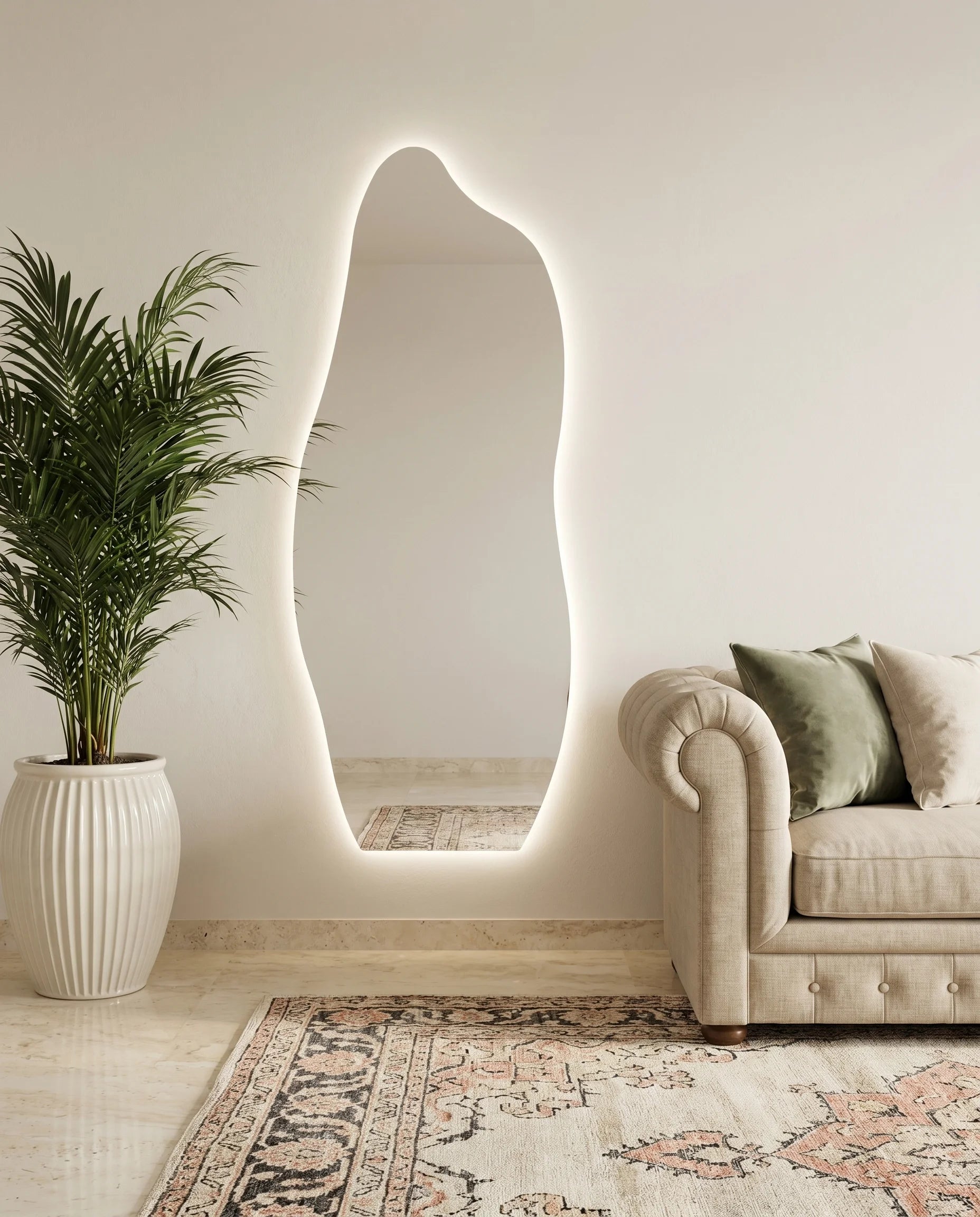 Ariana backlit wavy frameless mirror on a Dubai feature wall