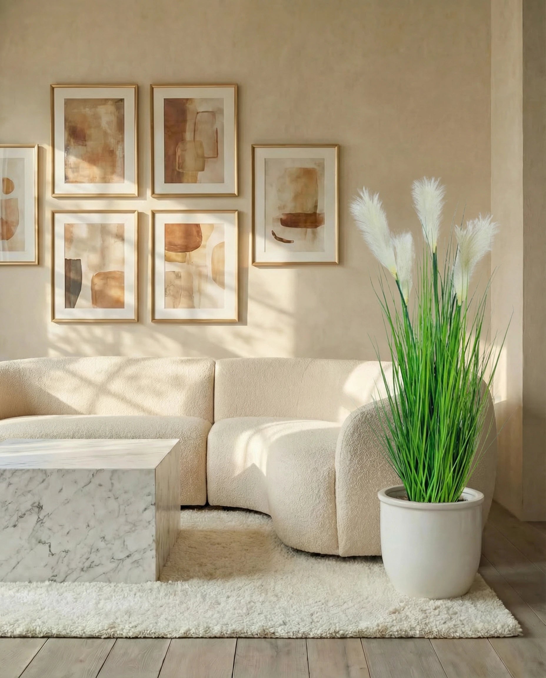 White artificial pampas grass in a Dubai living room