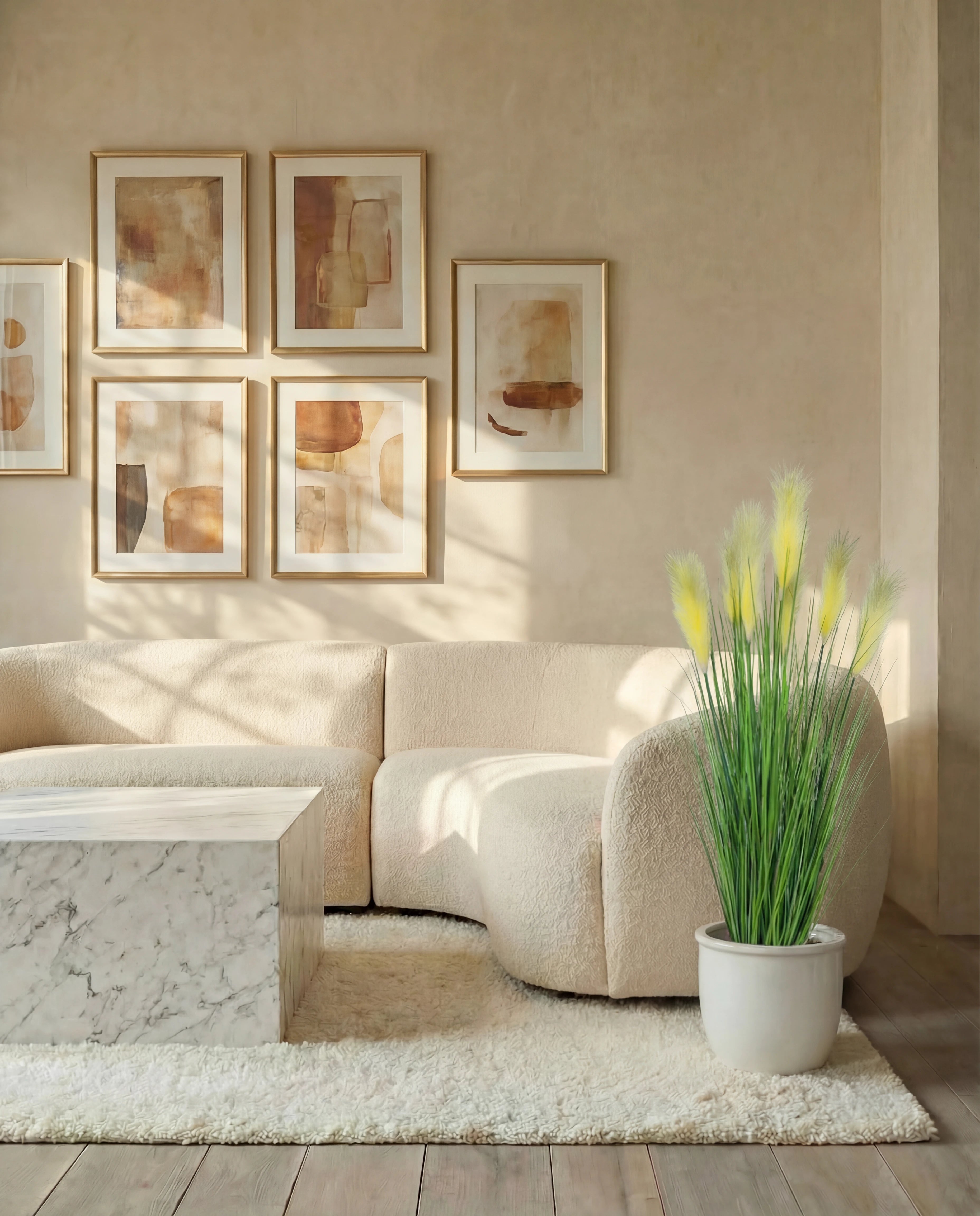 Yellow artificial pampas grass in a Dubai living room