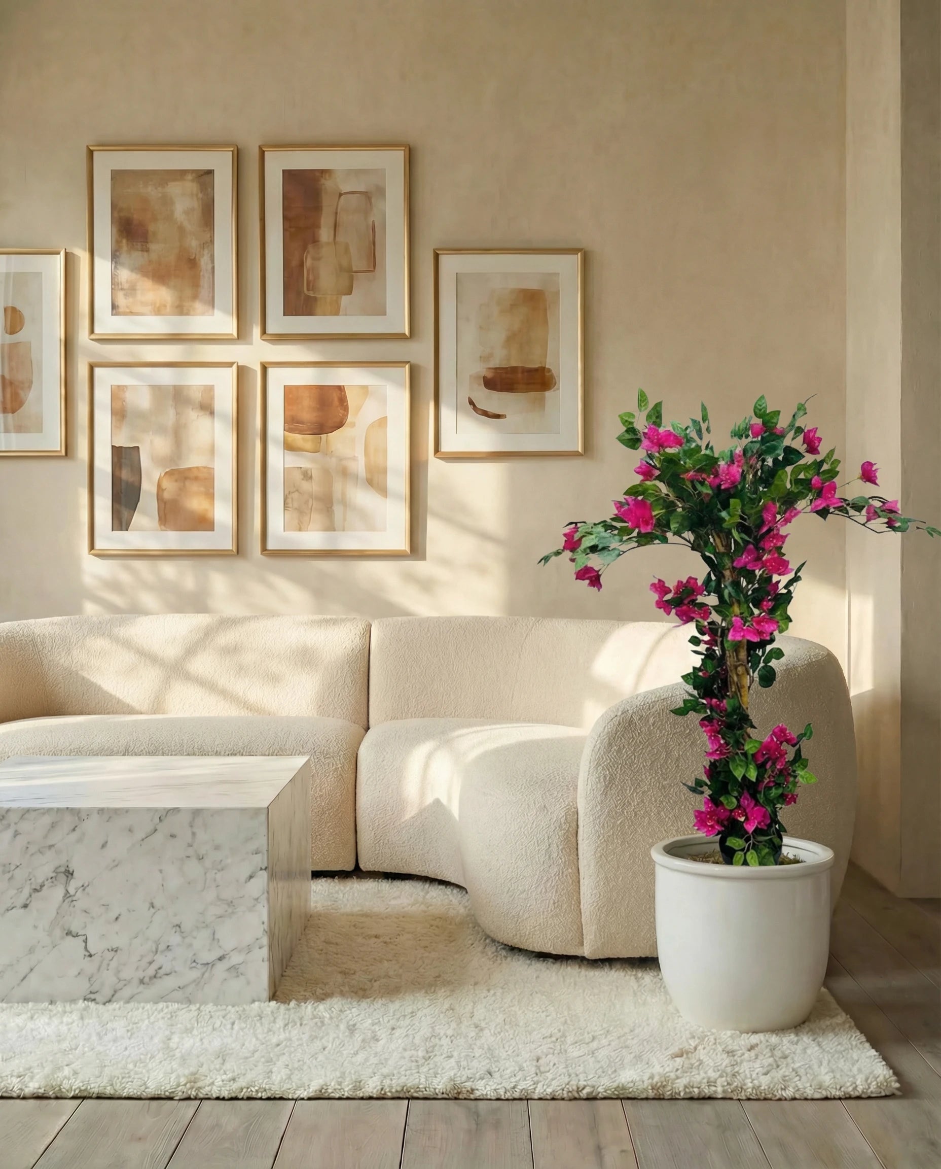 Twisted artificial bougainvillea tree, full view