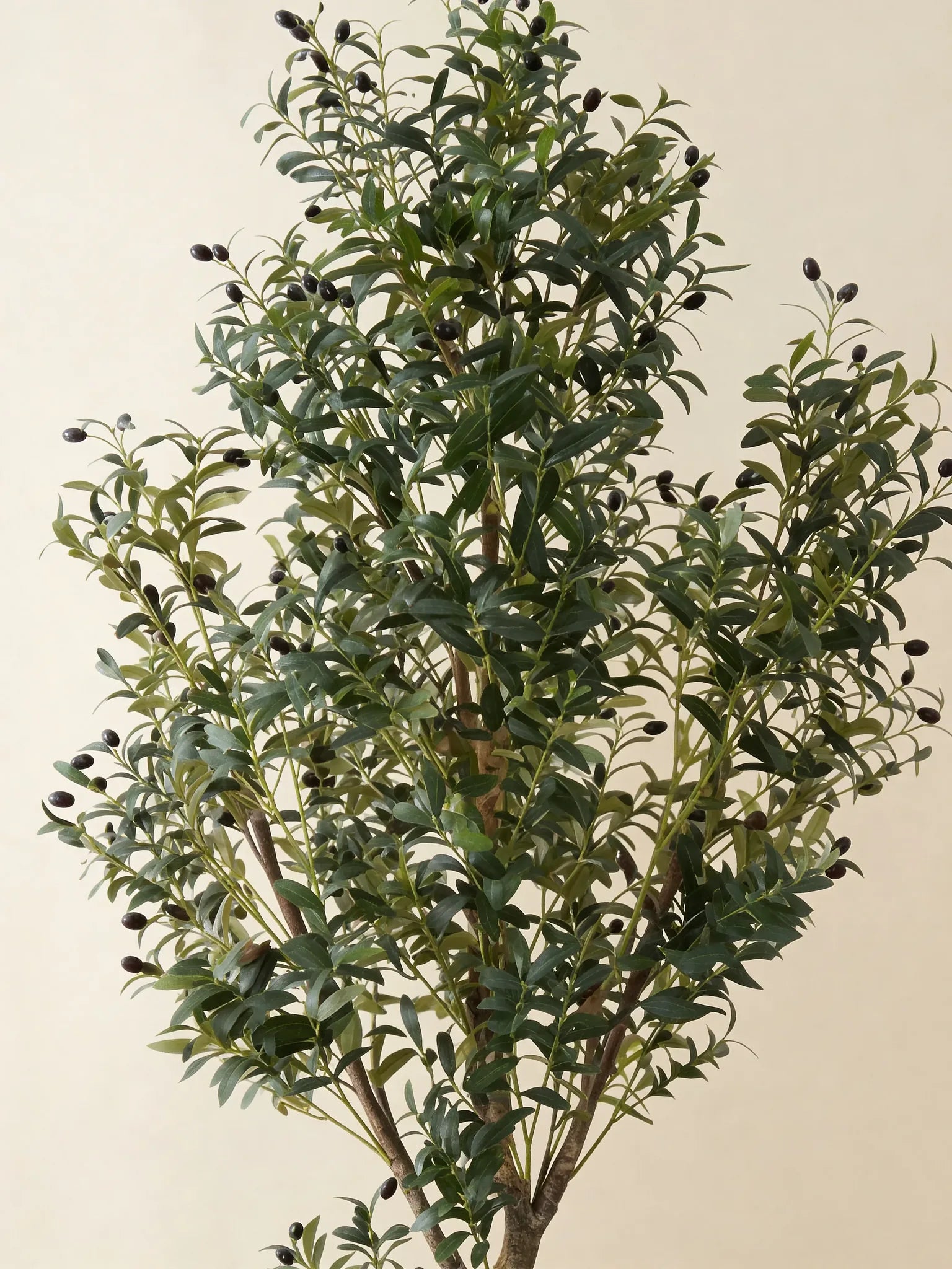 Silk artificial olive tree with dual-stem trunk, close-up detail