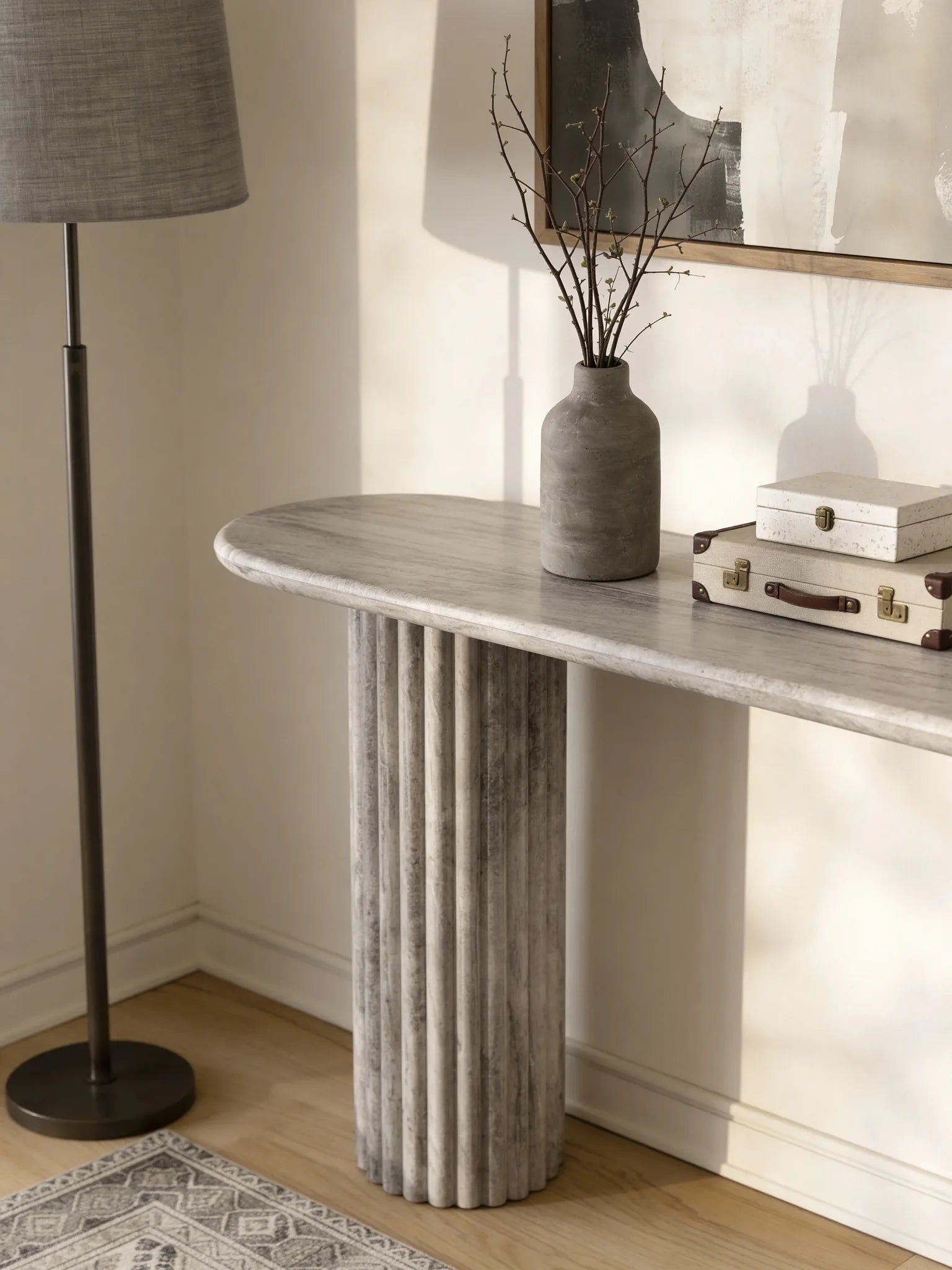 Austin grey travertine fluted console table, full view