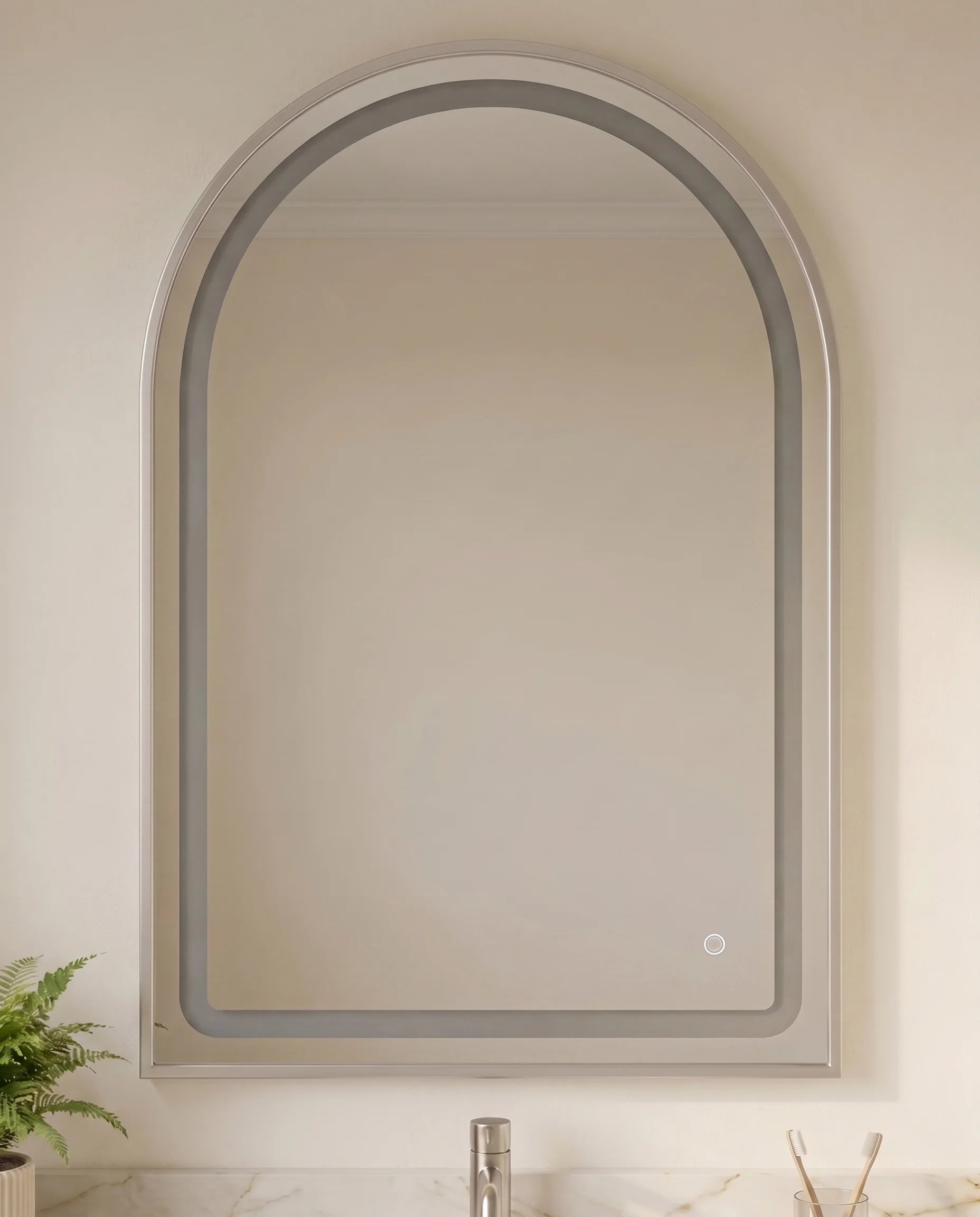 Bambi silver framed arched LED mirror in a Dubai bathroom