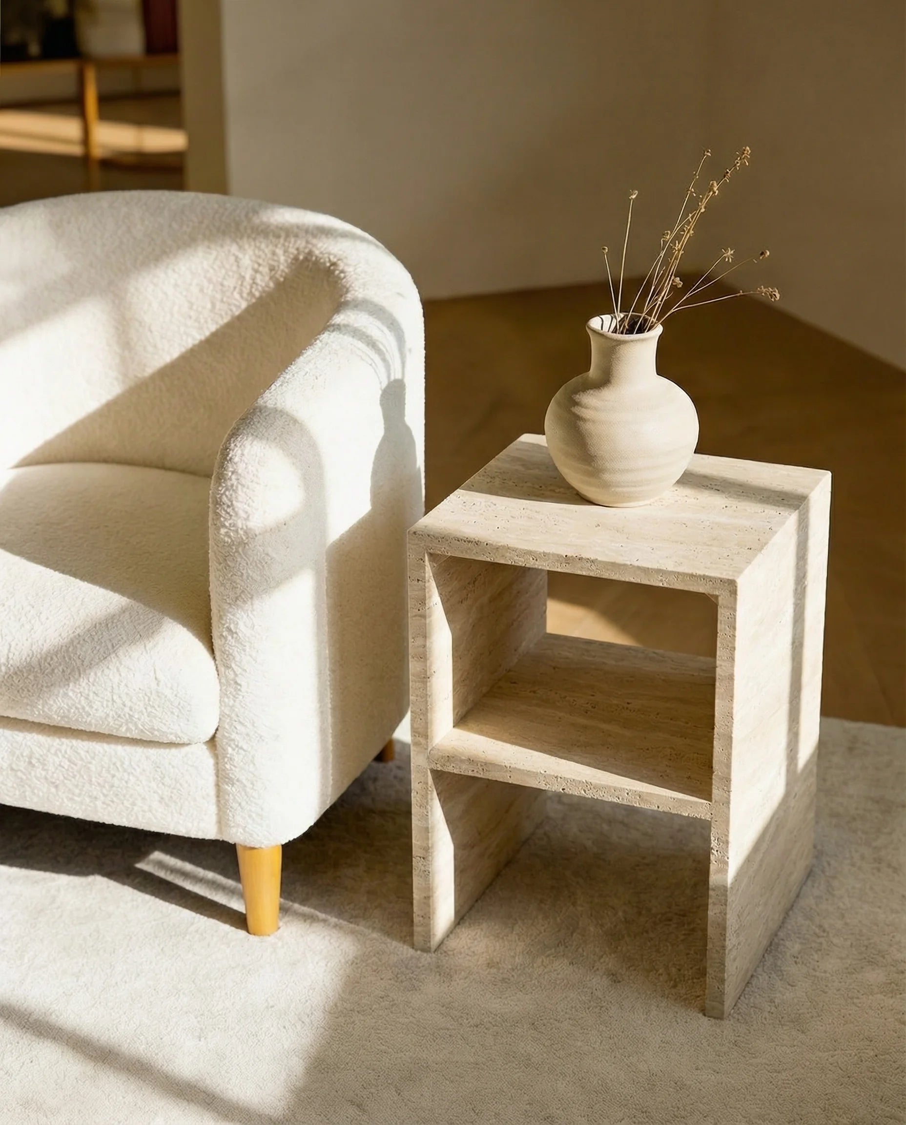 Beige Travertine Box Side Table with Shelf