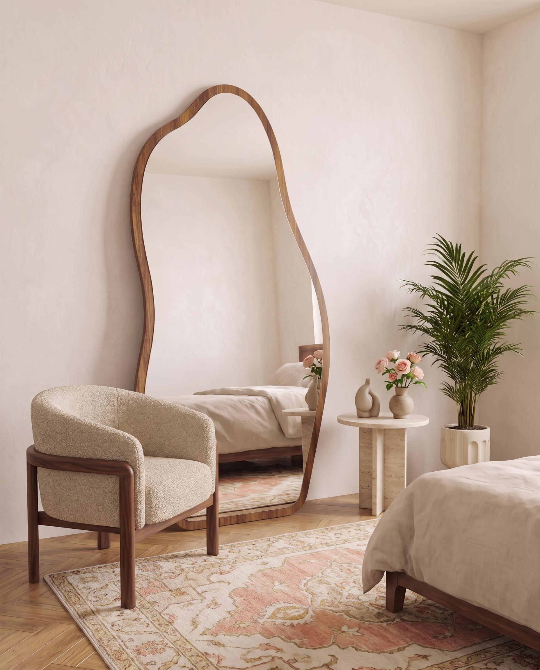 Cassie brown irregular floor mirror in a Dubai bedroom