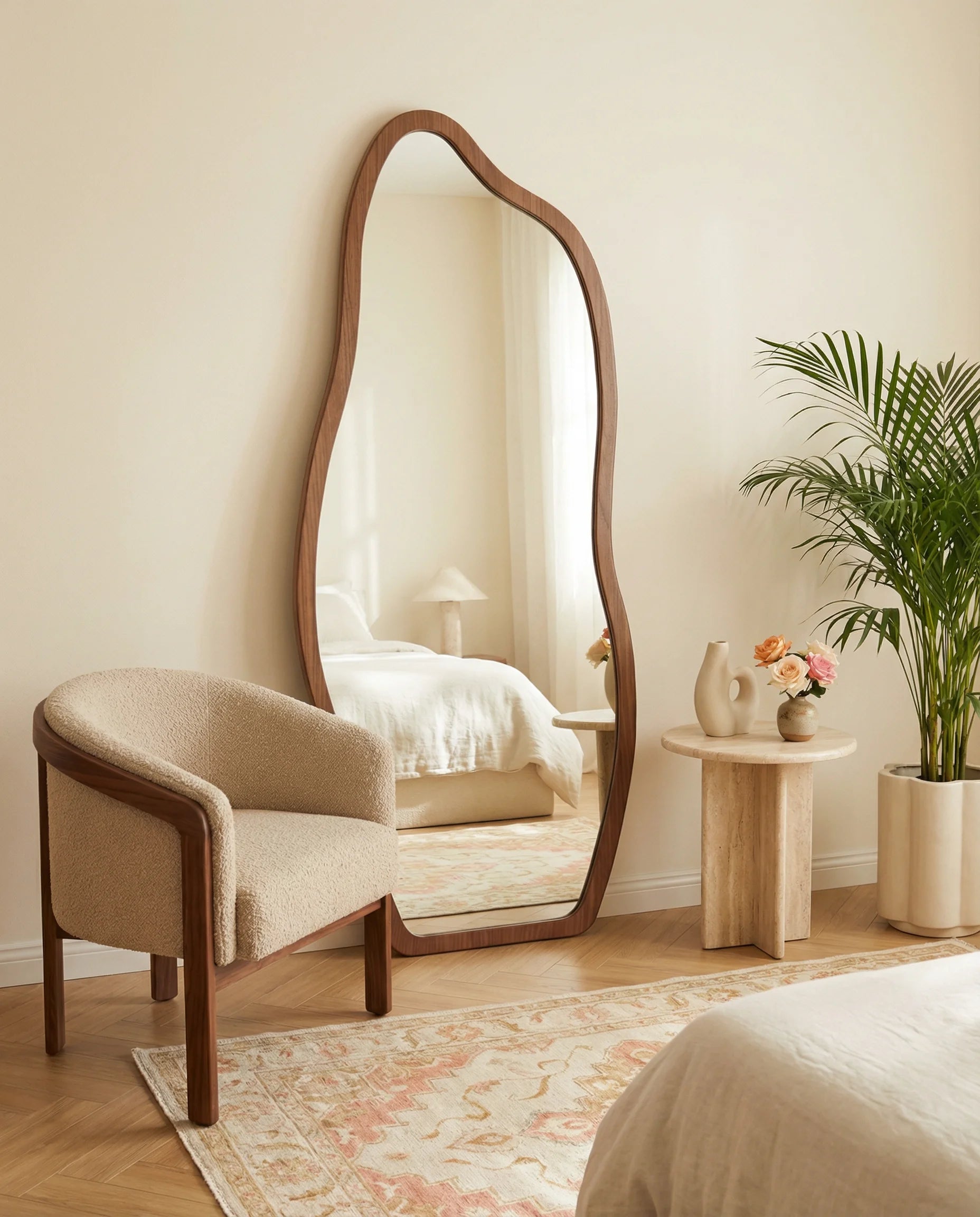 Cassie brown irregular floor mirror in a Dubai bedroom