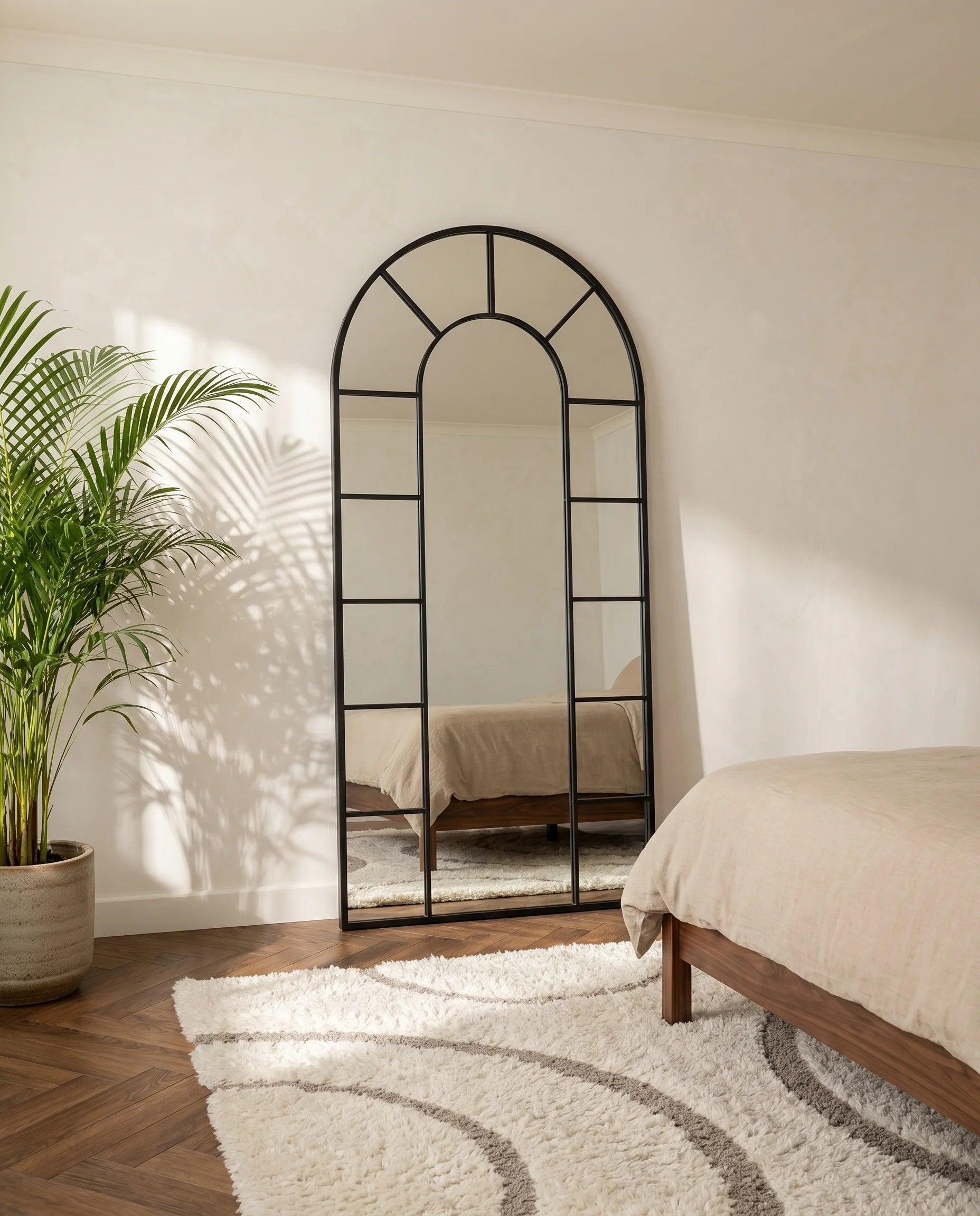Charles black window-pane arched mirror, full view