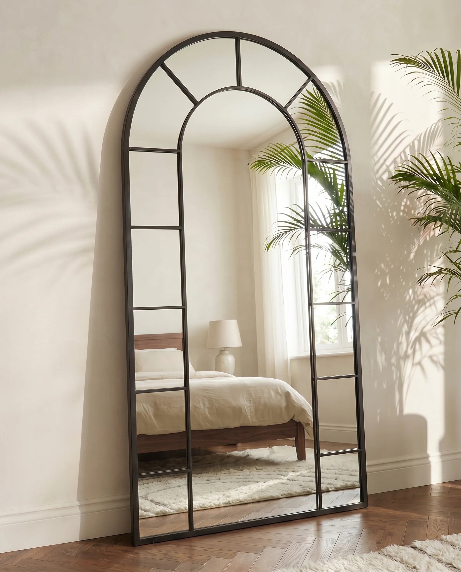 Charles black window-pane arched mirror