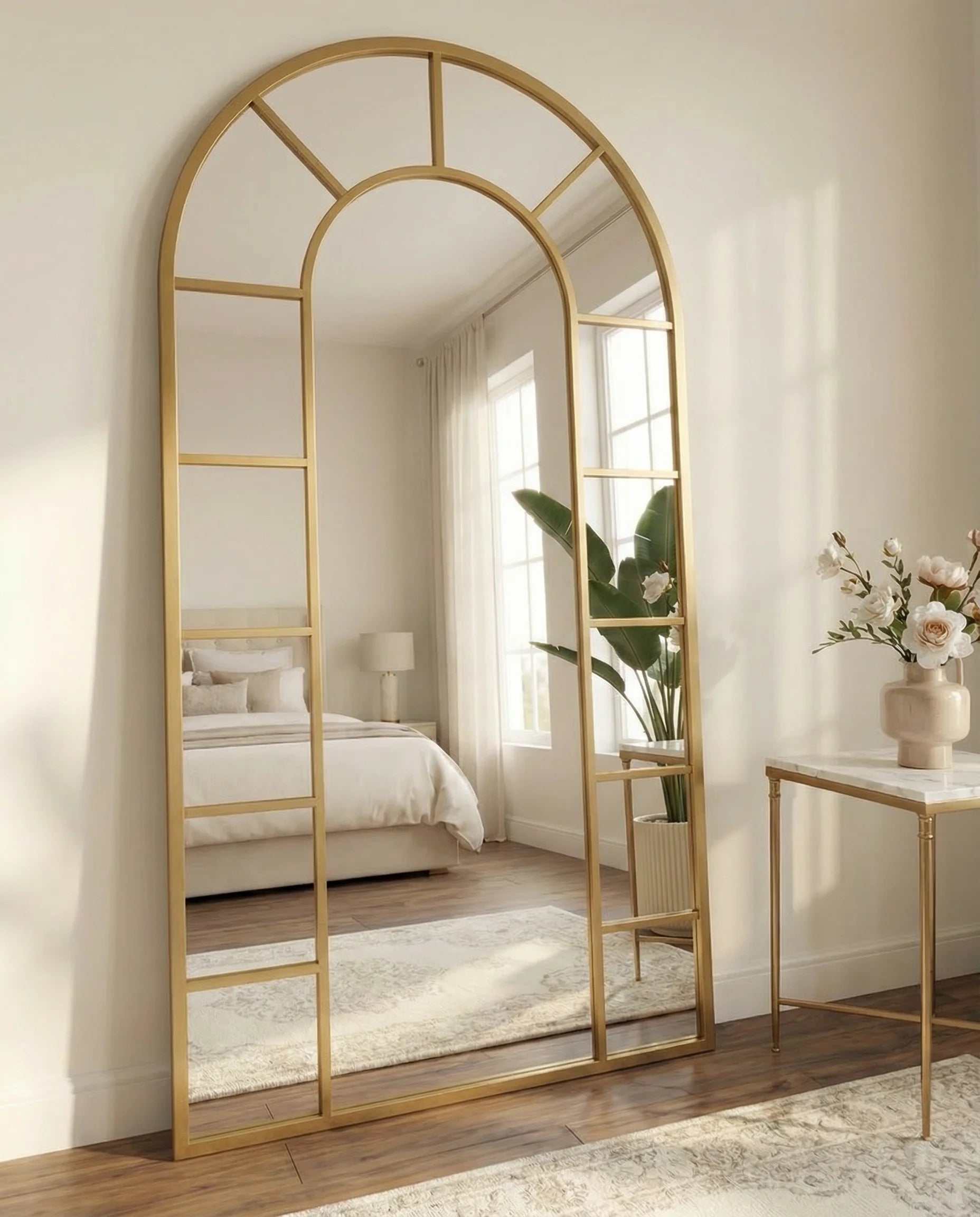 Charles gold window-pane arched mirror