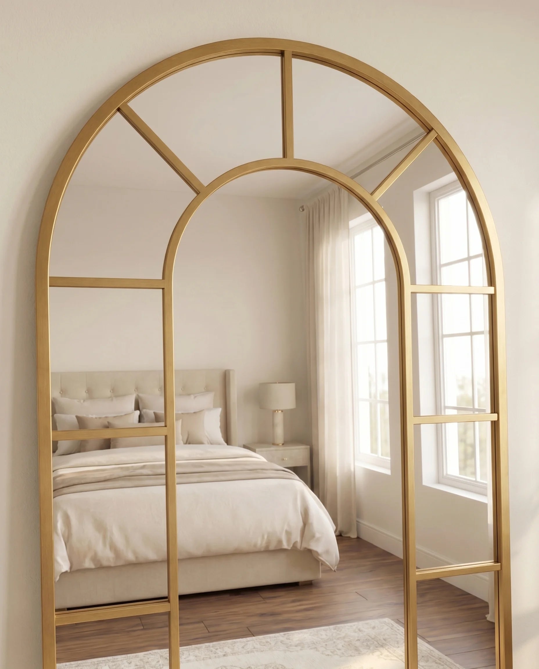 Charles gold window-pane arch mirror, close-up of the grid frame