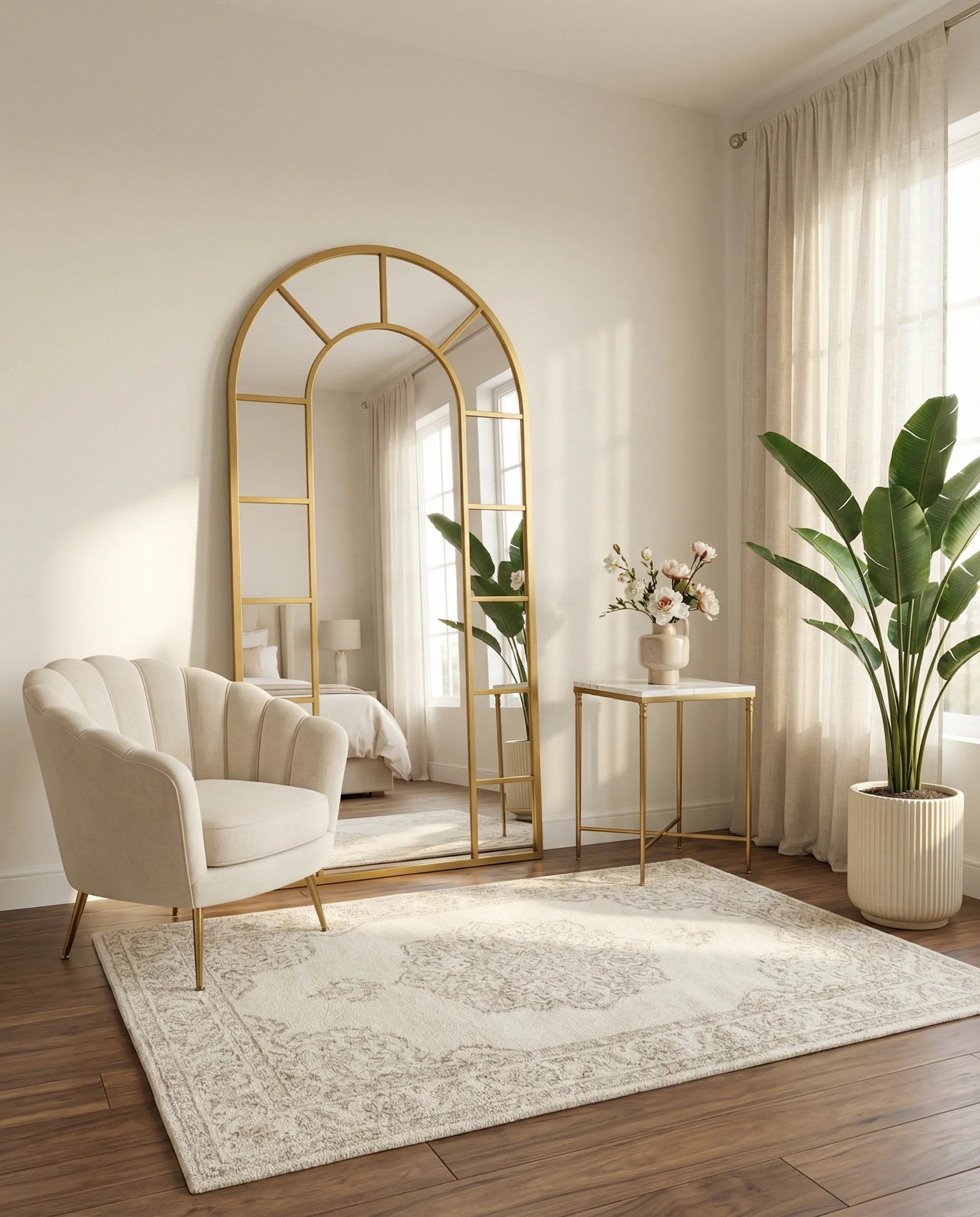 Charles gold window-pane arched mirror in a Dubai living room