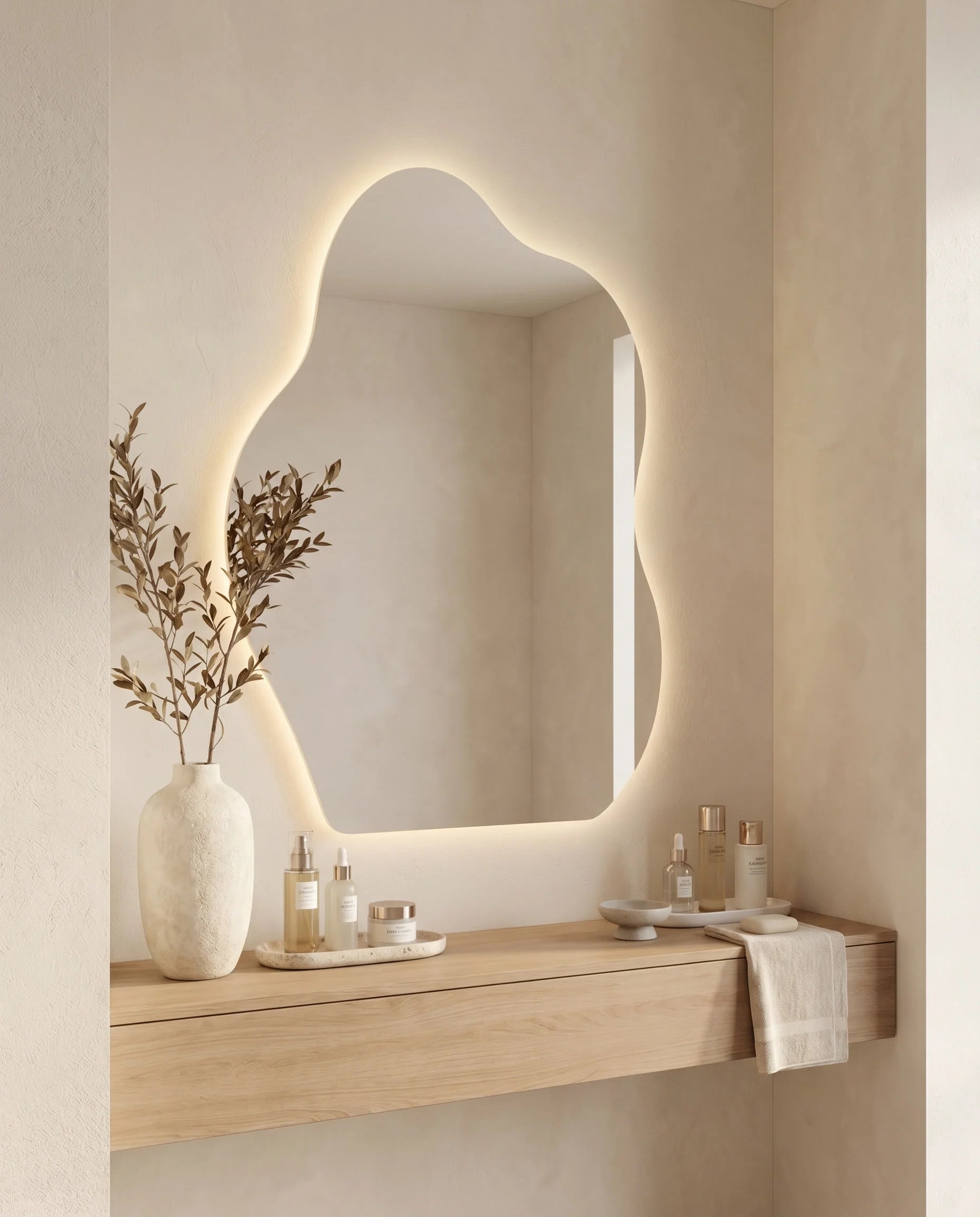 Chloe frameless cloud vanity mirror on a Dubai feature wall