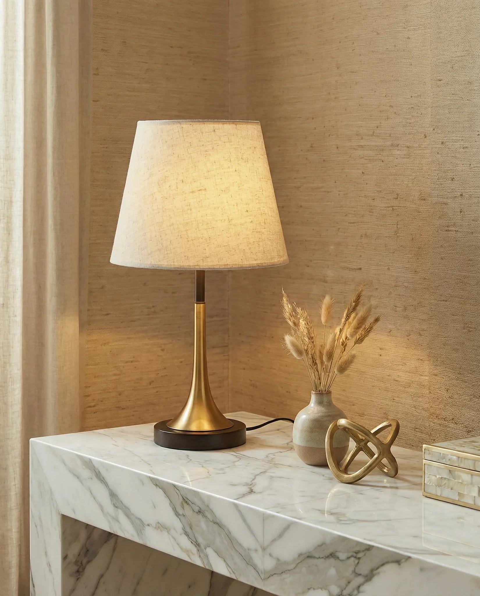 Classic golden nightstand table lamp with fabric shade