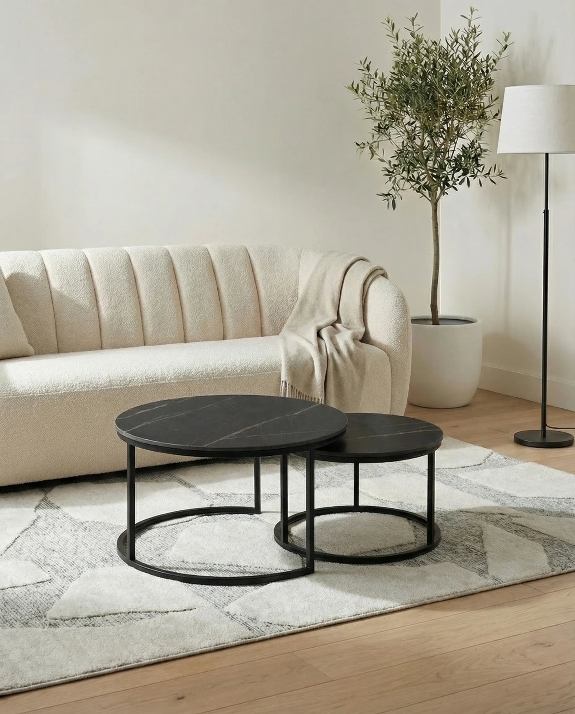 Corbin Nesting Round Marble Coffee Table in Black (Set of 2)