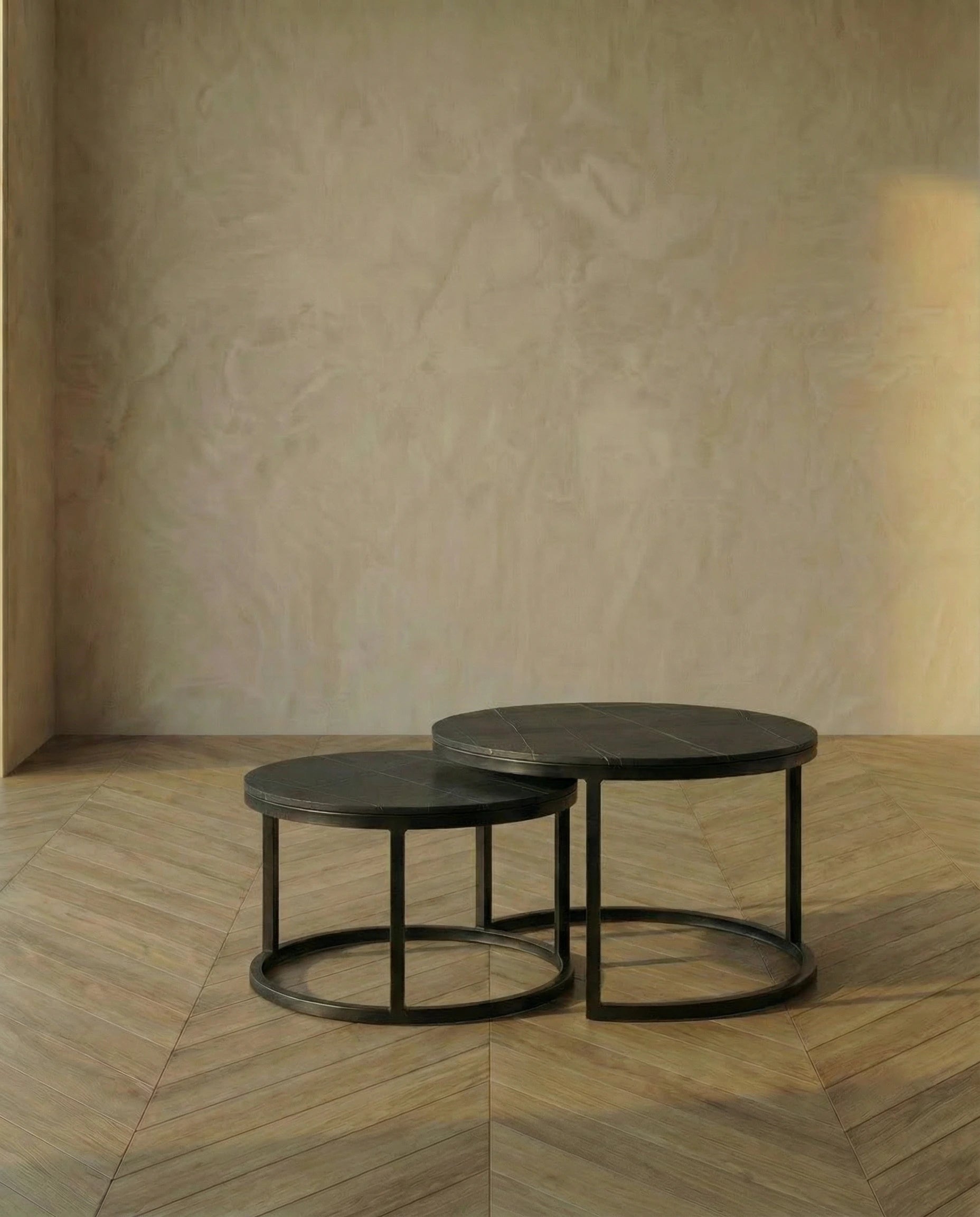 Corbin Nesting Round Marble Coffee Table in Black (Set of 2)