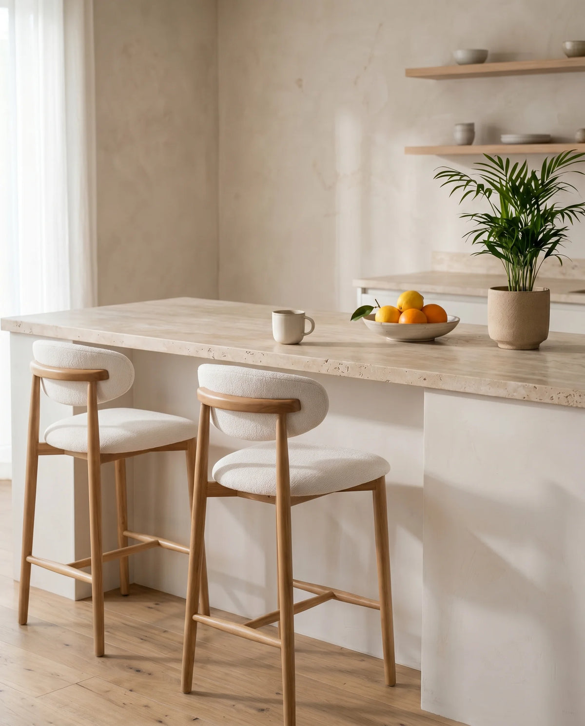 Cove Nordic cream wooden bar stool, full view
