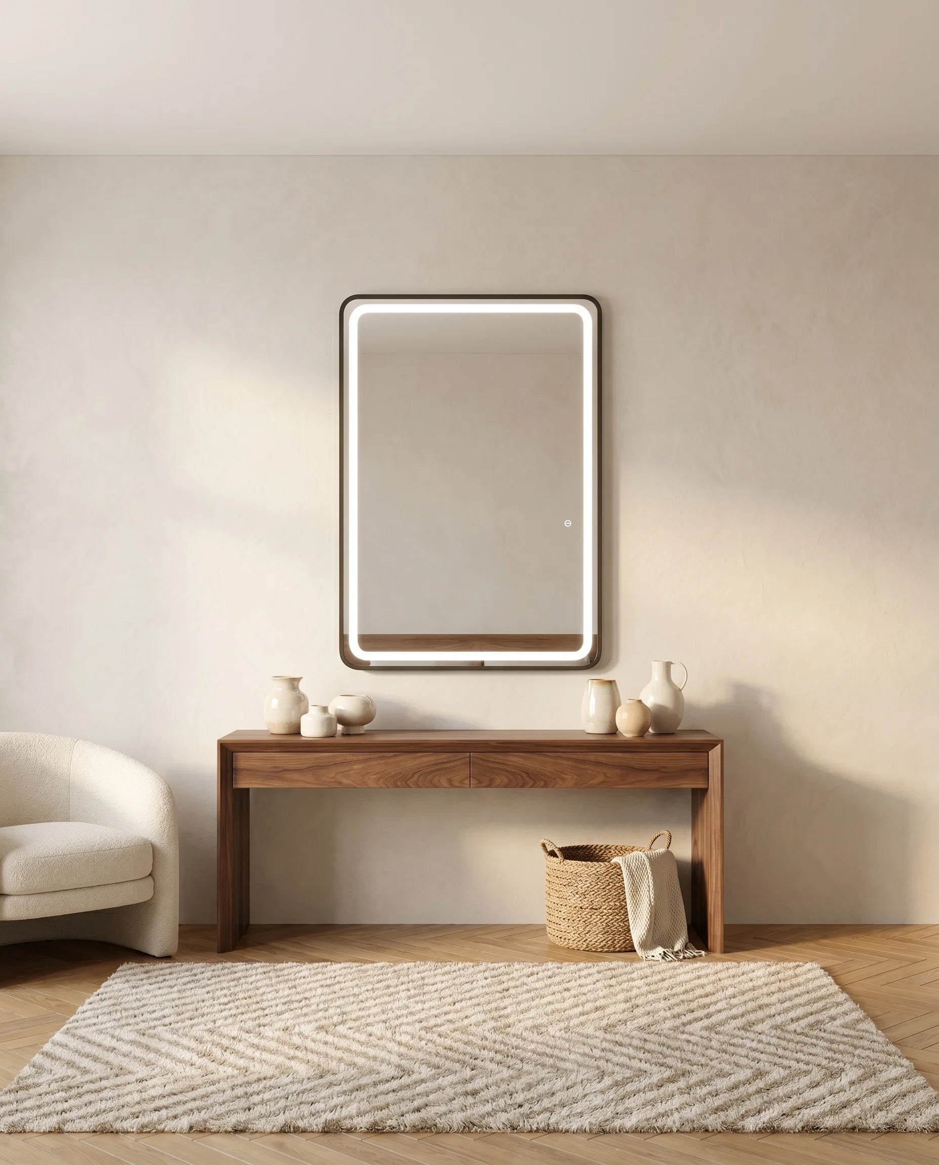 Deluxe black LED rectangular wall mirror in a Dubai bathroom