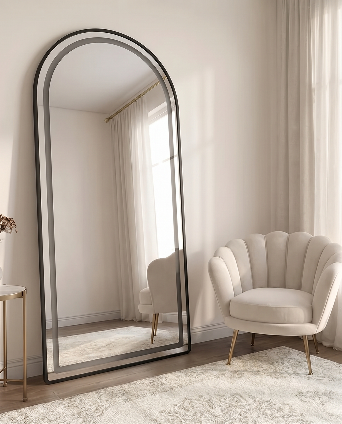 Front LED Arched Mirror with Black Frame