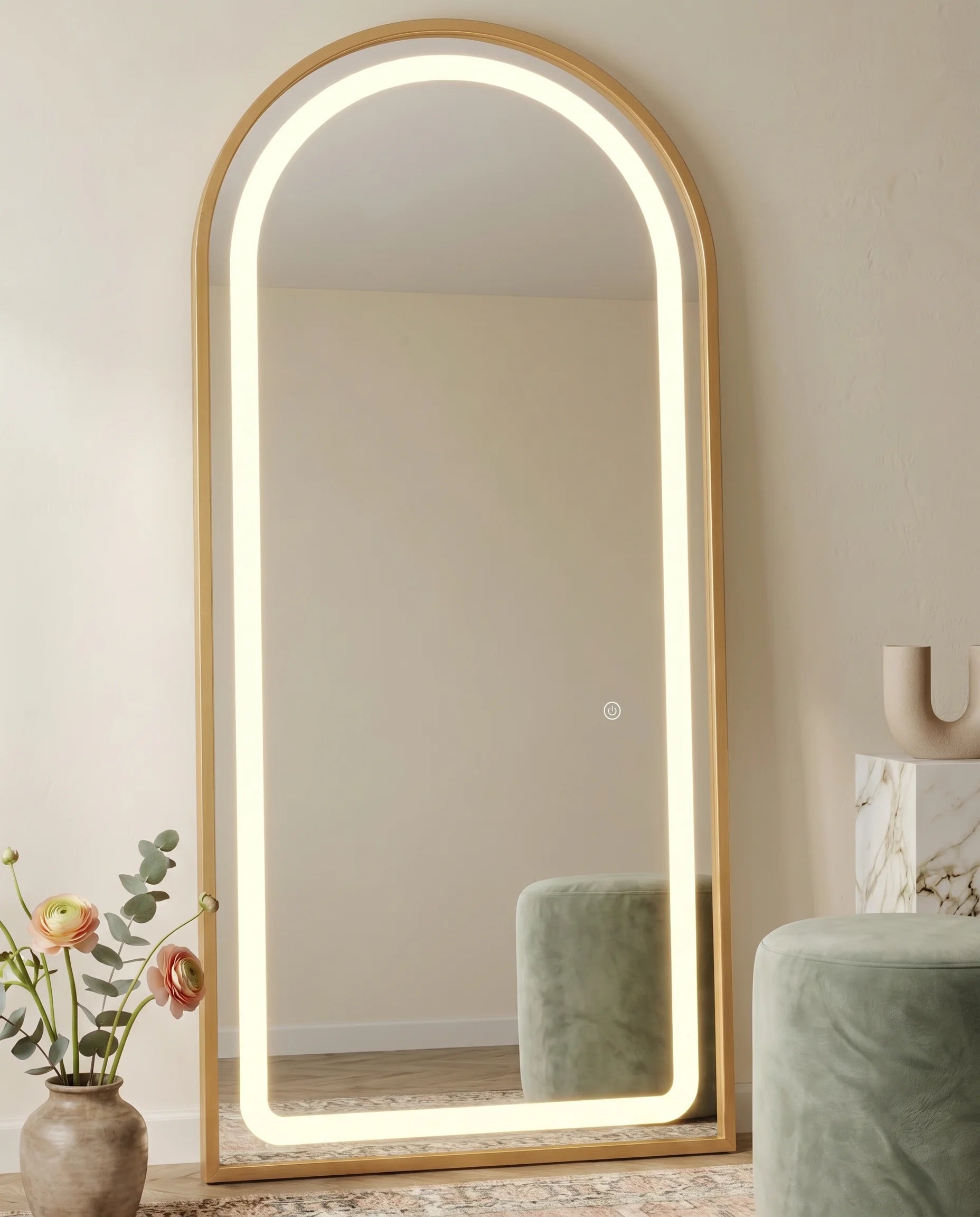 Diana LED arched wall mirror with golden frame