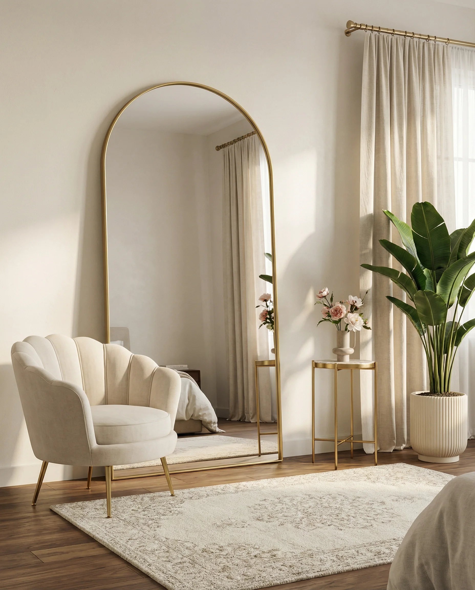 Diana large gold arched wall mirror in a Dubai living room