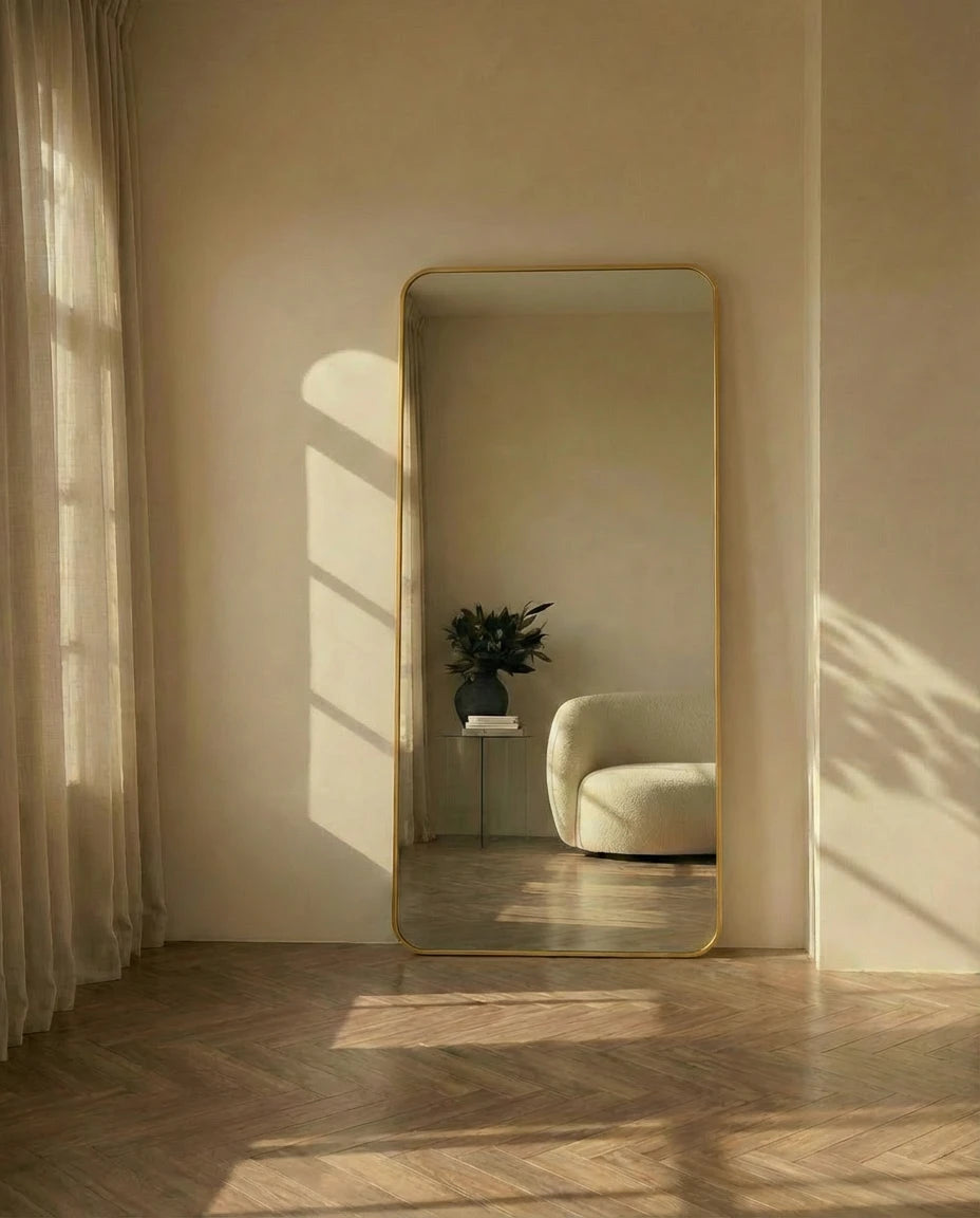 Dominic Rounded Corner Floor Mirror with Golden Frame