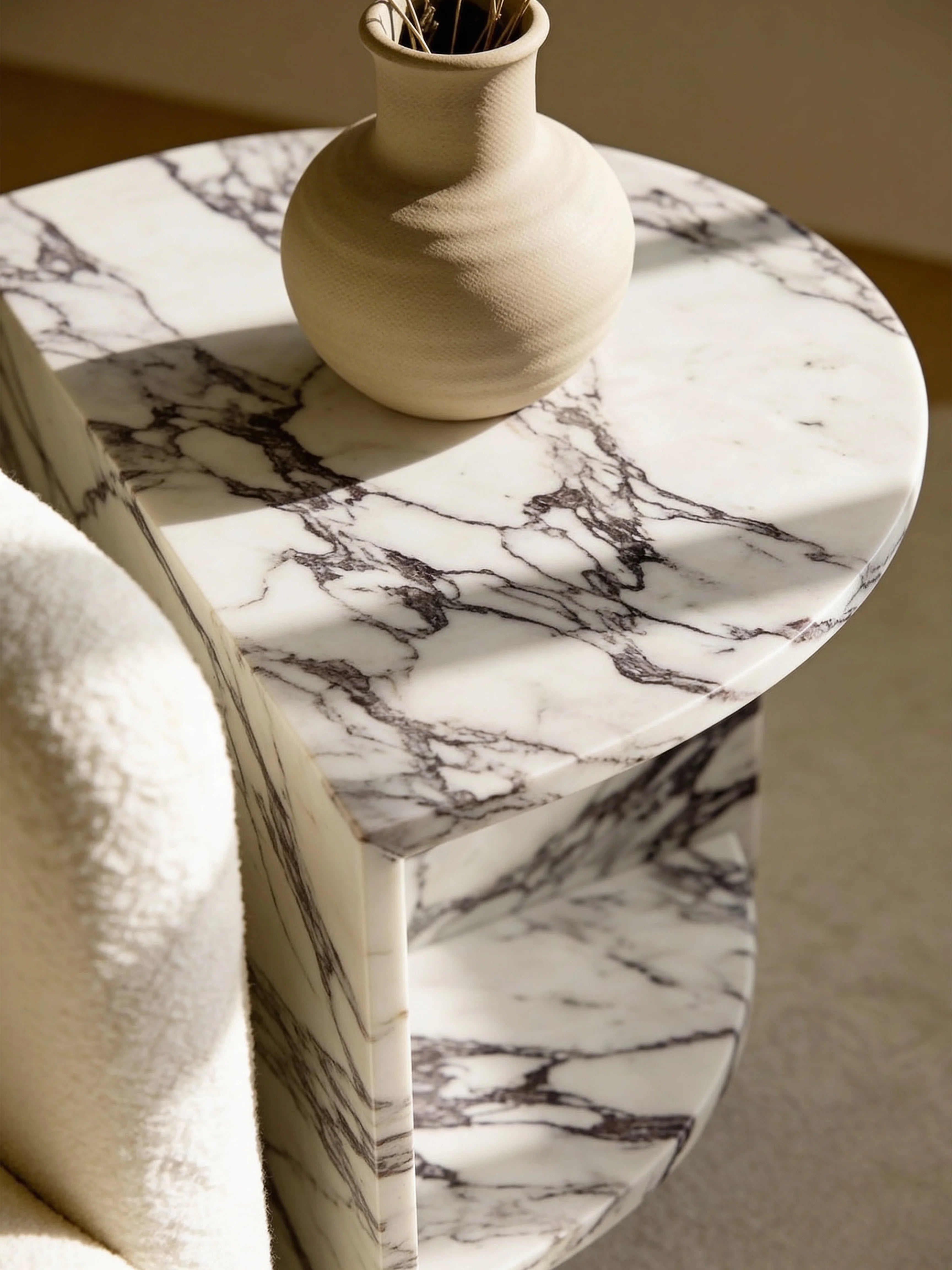 Exquisite Arabescato Marble Side Table with Shelf Half Moon
