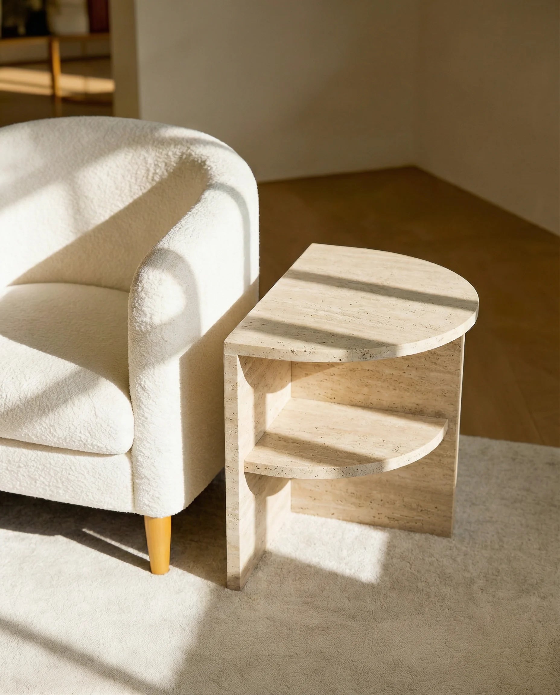 Exquisite Travertine Side Table with Shelf Halfmoon