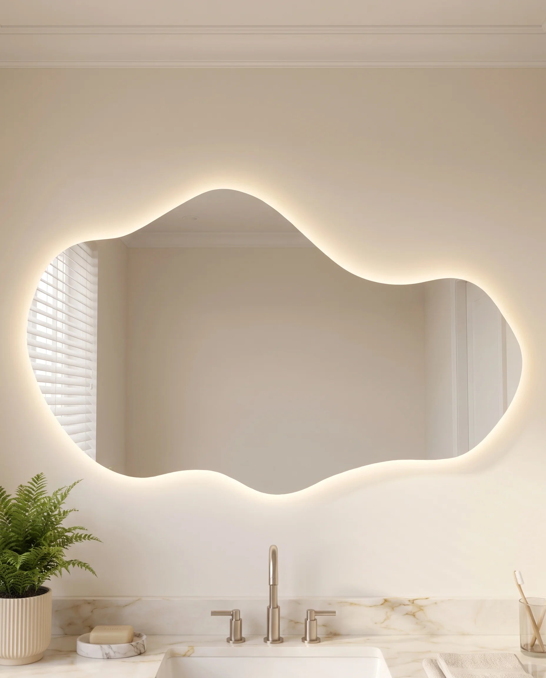Ezra LED frameless asymmetrical mirror in a Dubai bathroom