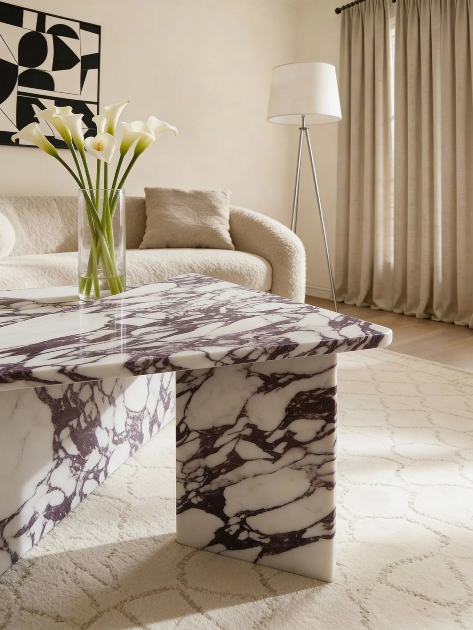 Free-form Calacatta Viola table, close-up of the purple veining
