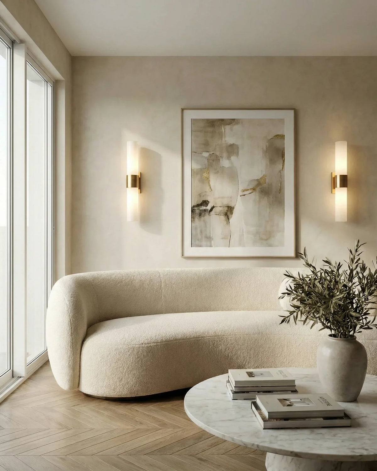 Gold wall sconce on a Dubai living-room wall