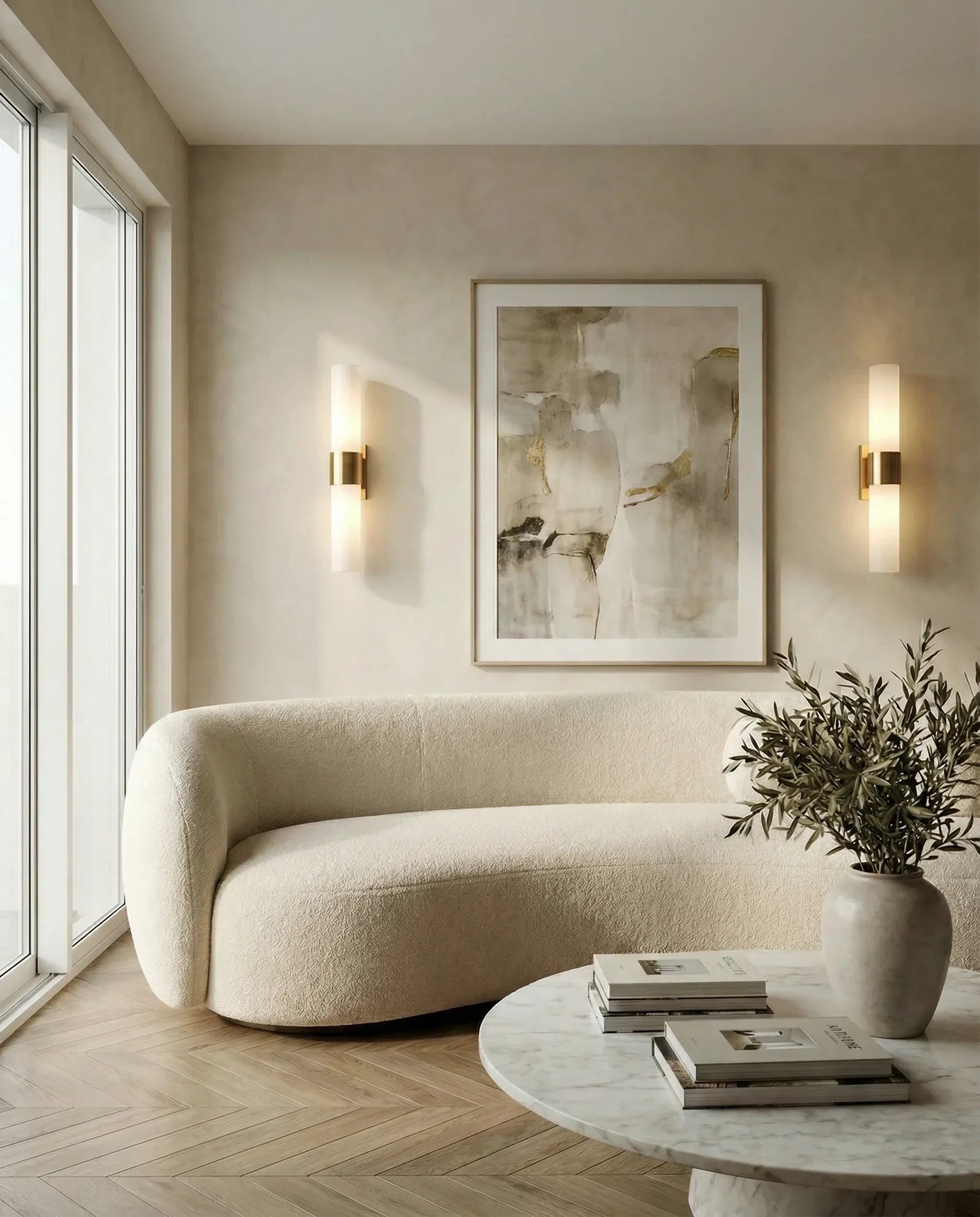 Gold wall sconce on a Dubai living-room wall