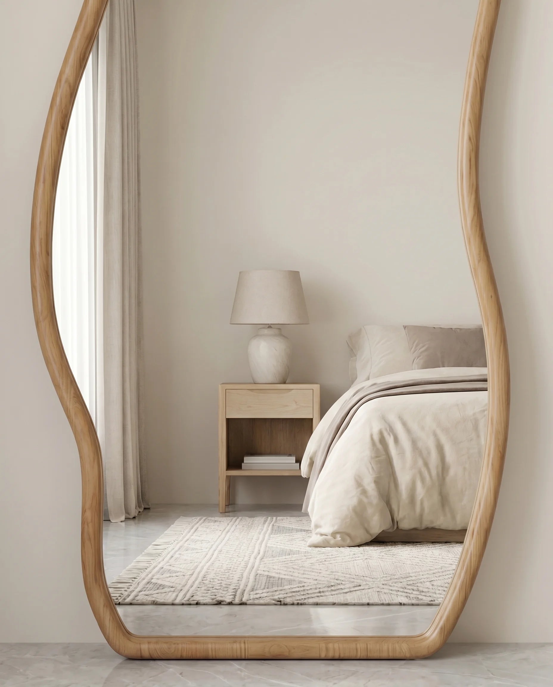 Hazel light brown wavy mirror, close-up of the wood-tone frame