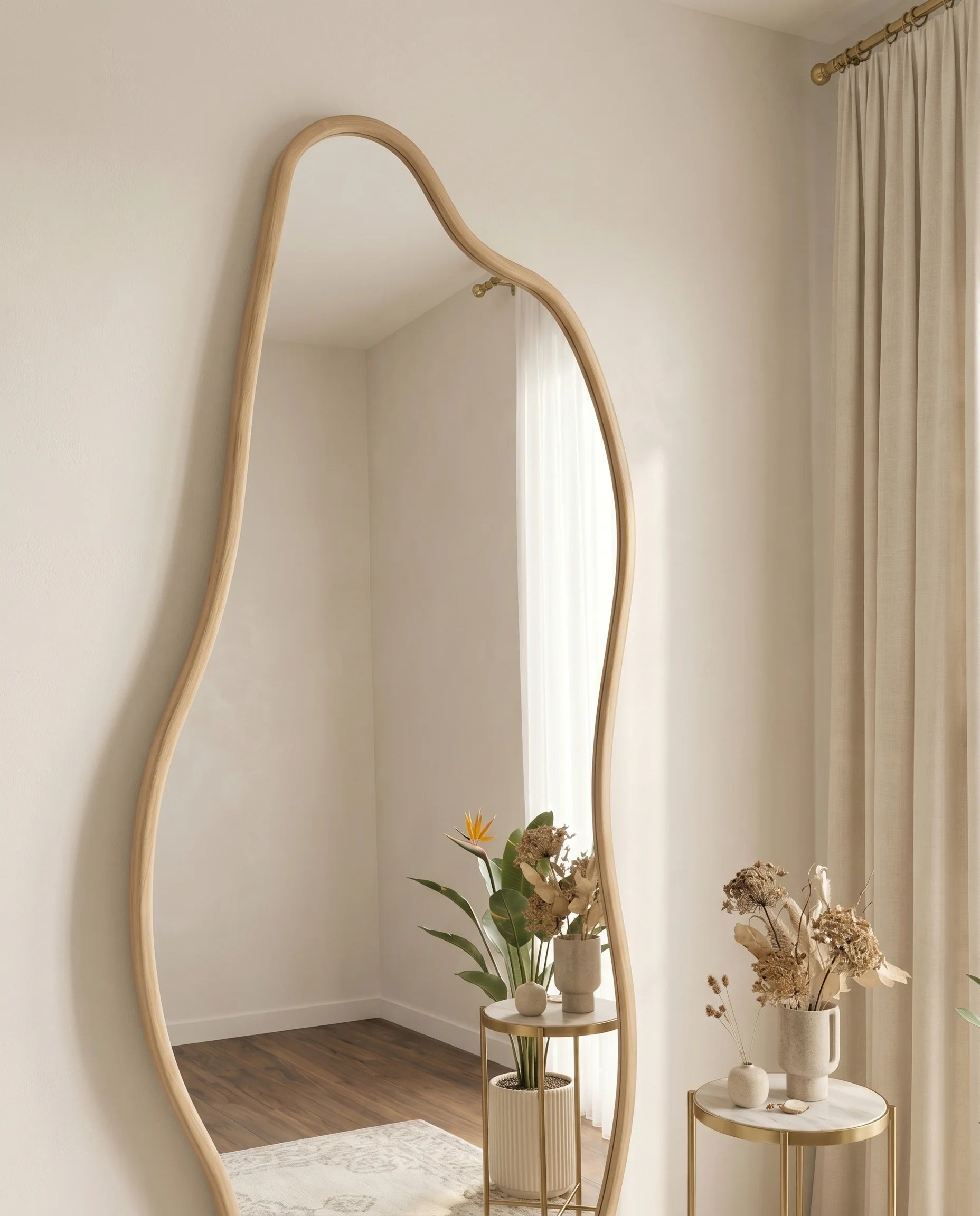 Hazel light brown wavy mirror, close-up of the wood-tone frame