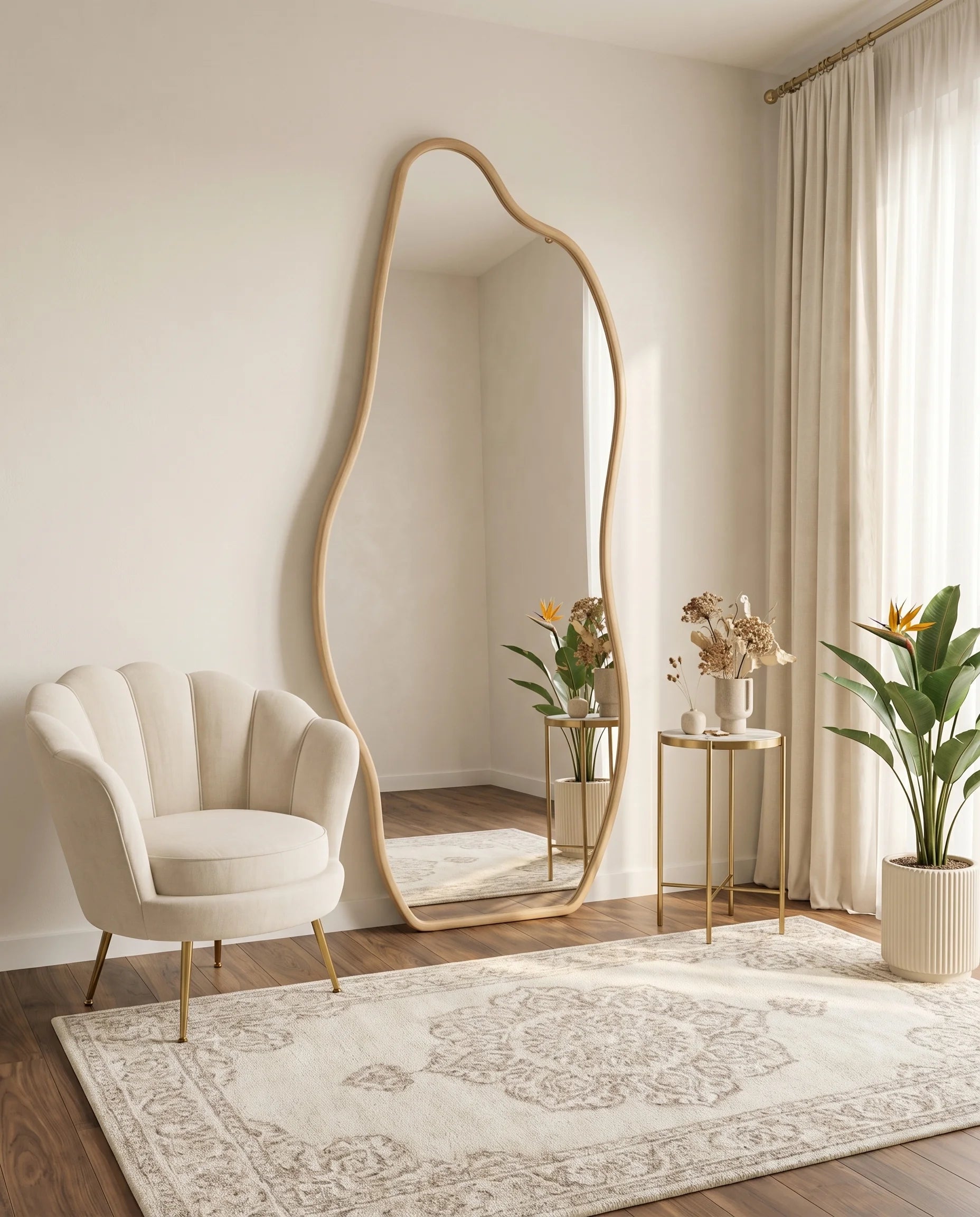 Hazel light brown wavy dressing mirror in a Dubai bedroom