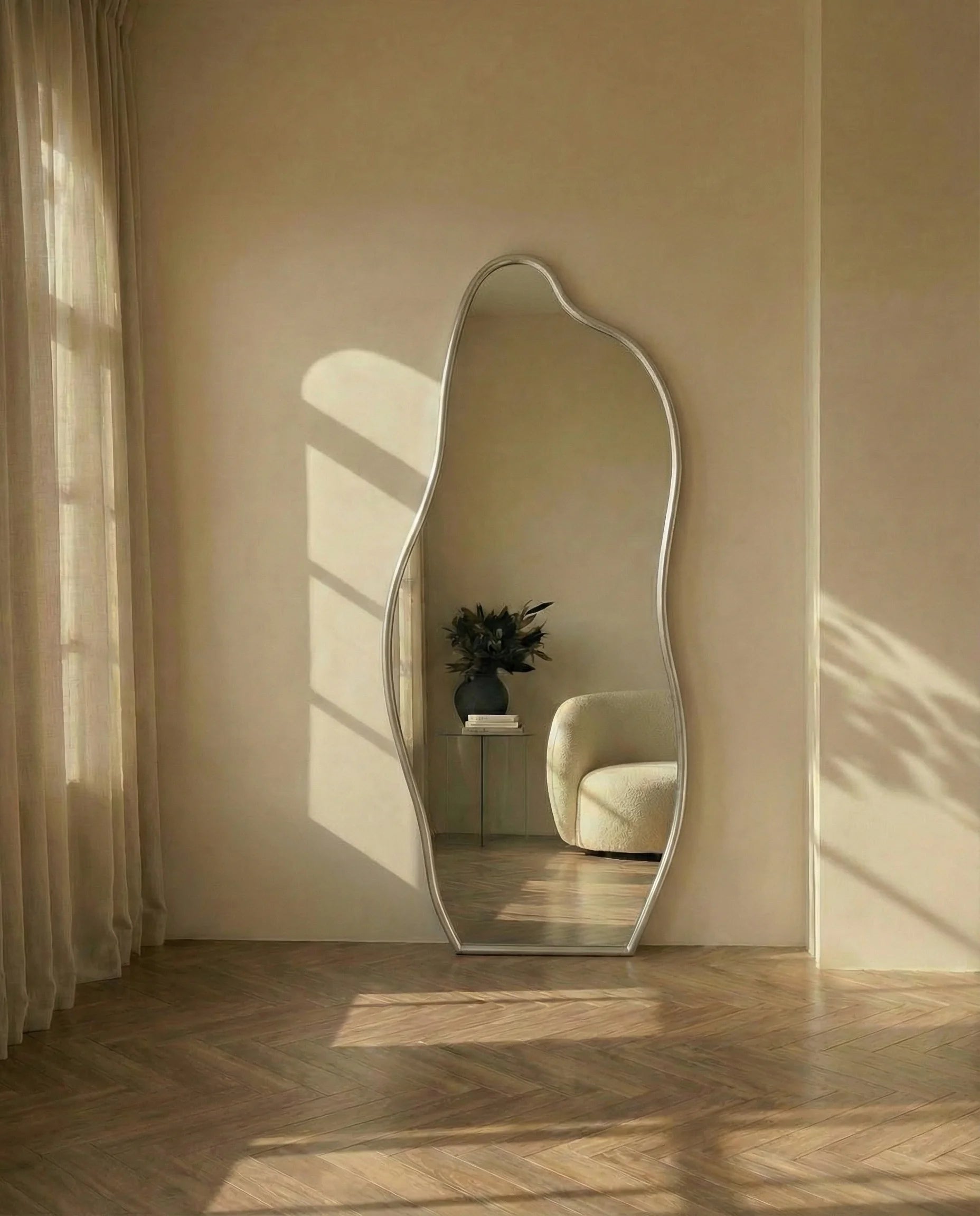 Helena Curvy Silver Framed Mirror with Stand