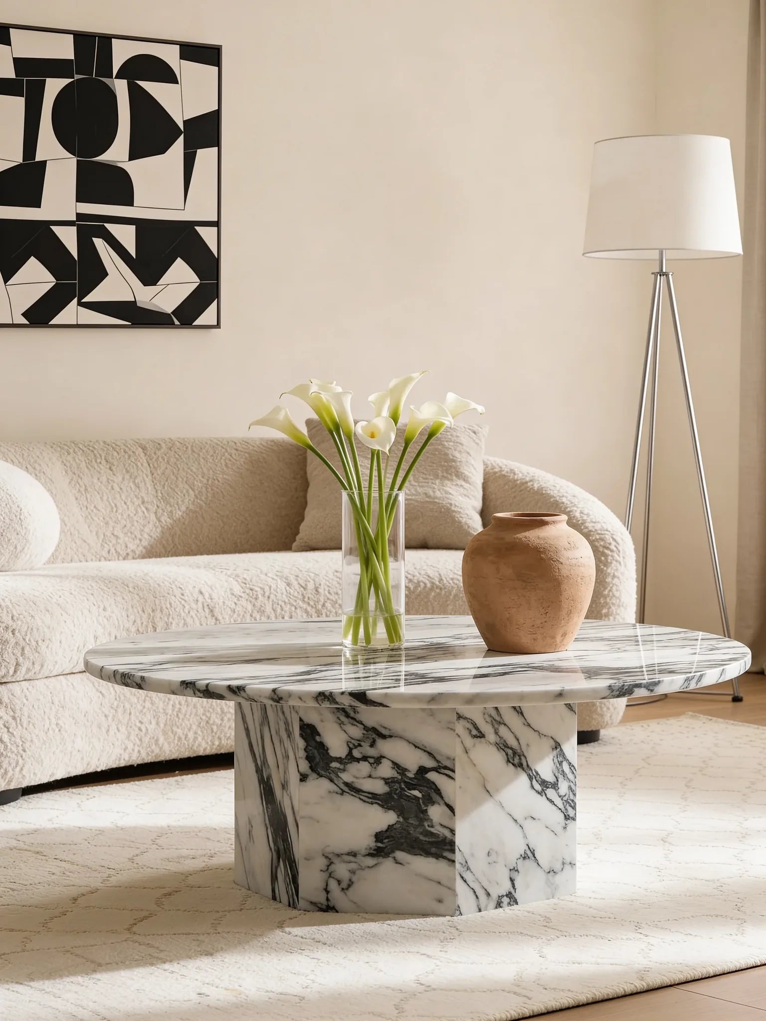 Hexagon Arabescato coffee table, close-up of the grey veining