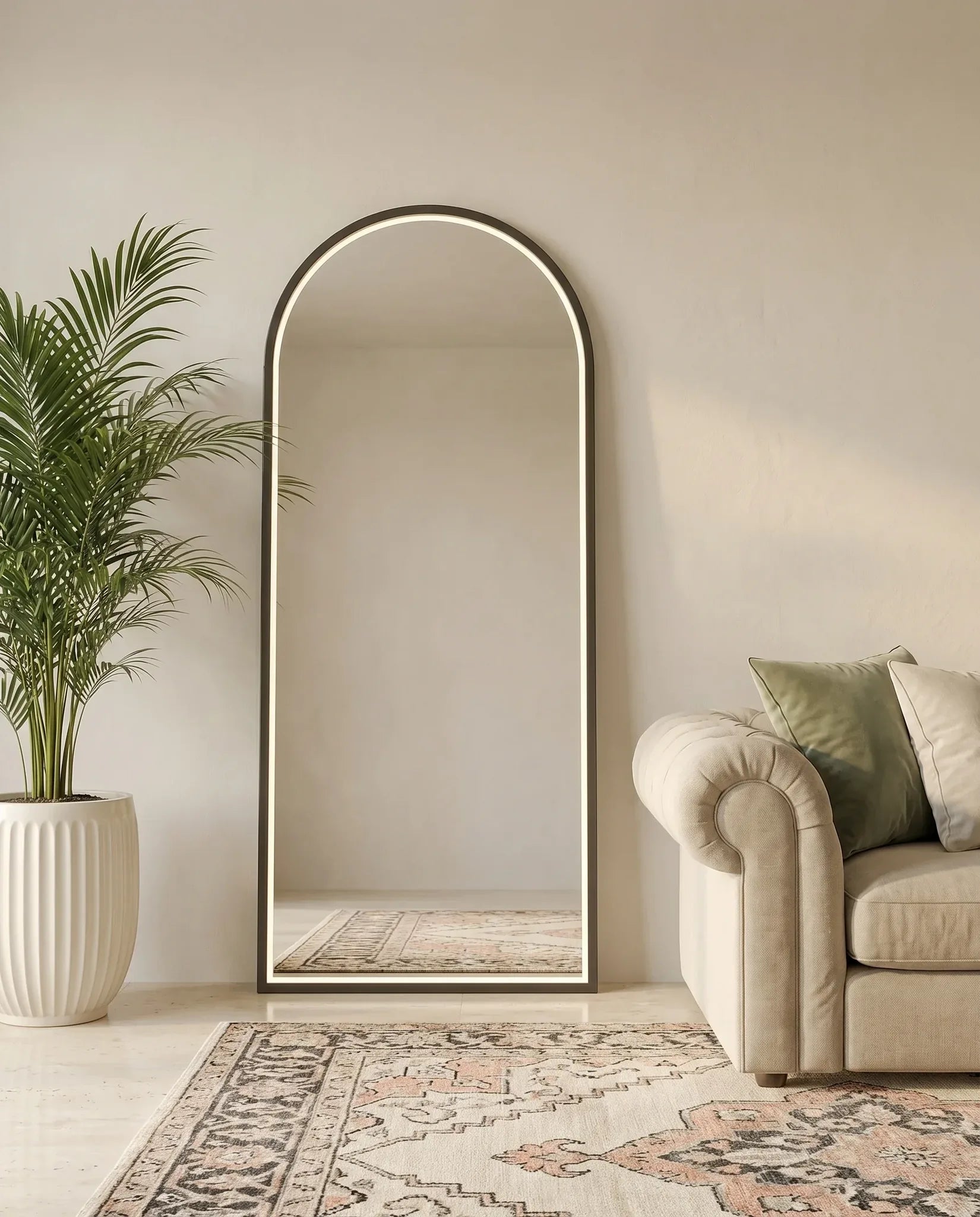 Iris black LED arch mirror in a Dubai bathroom