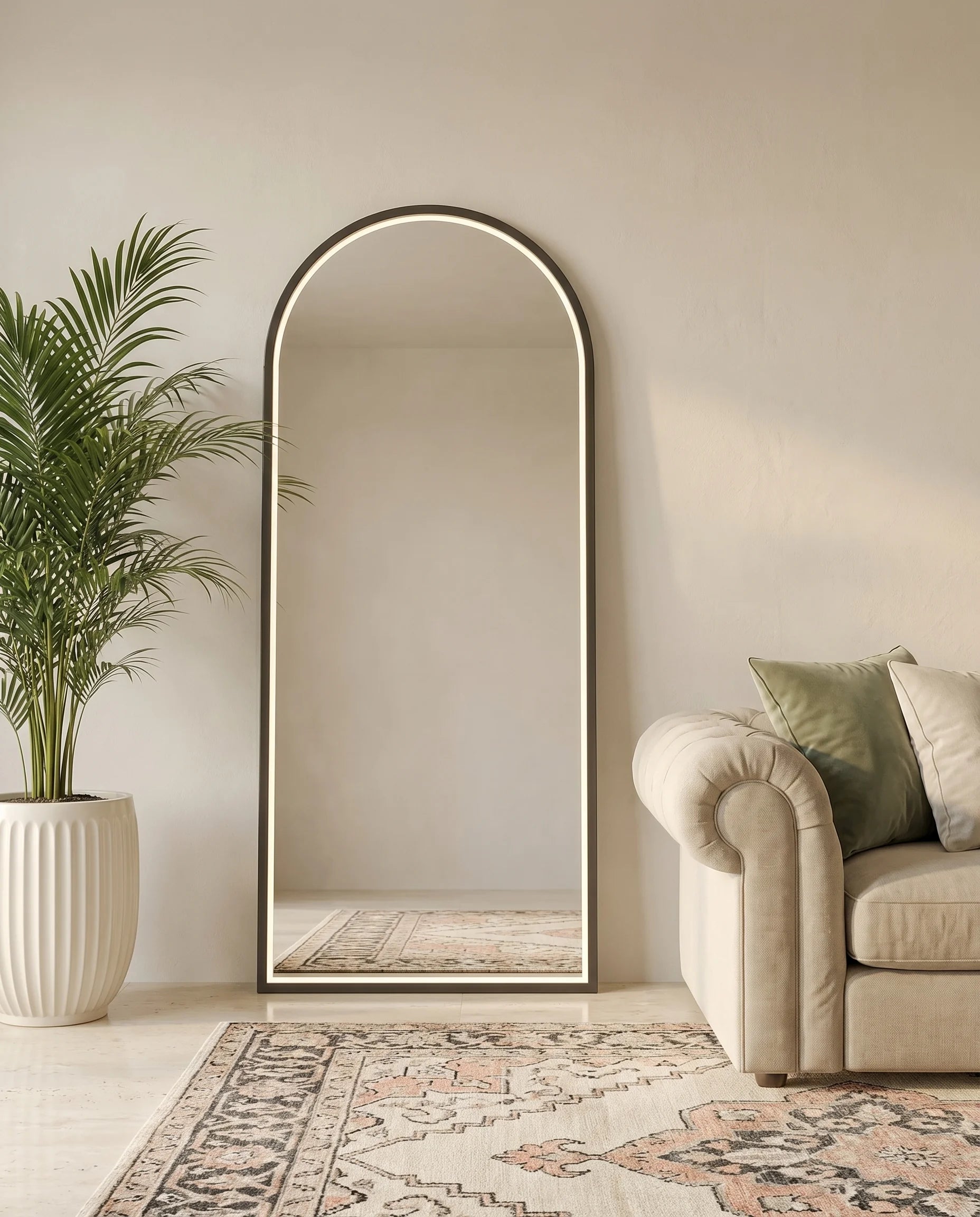 Iris black LED arch mirror in a Dubai bathroom