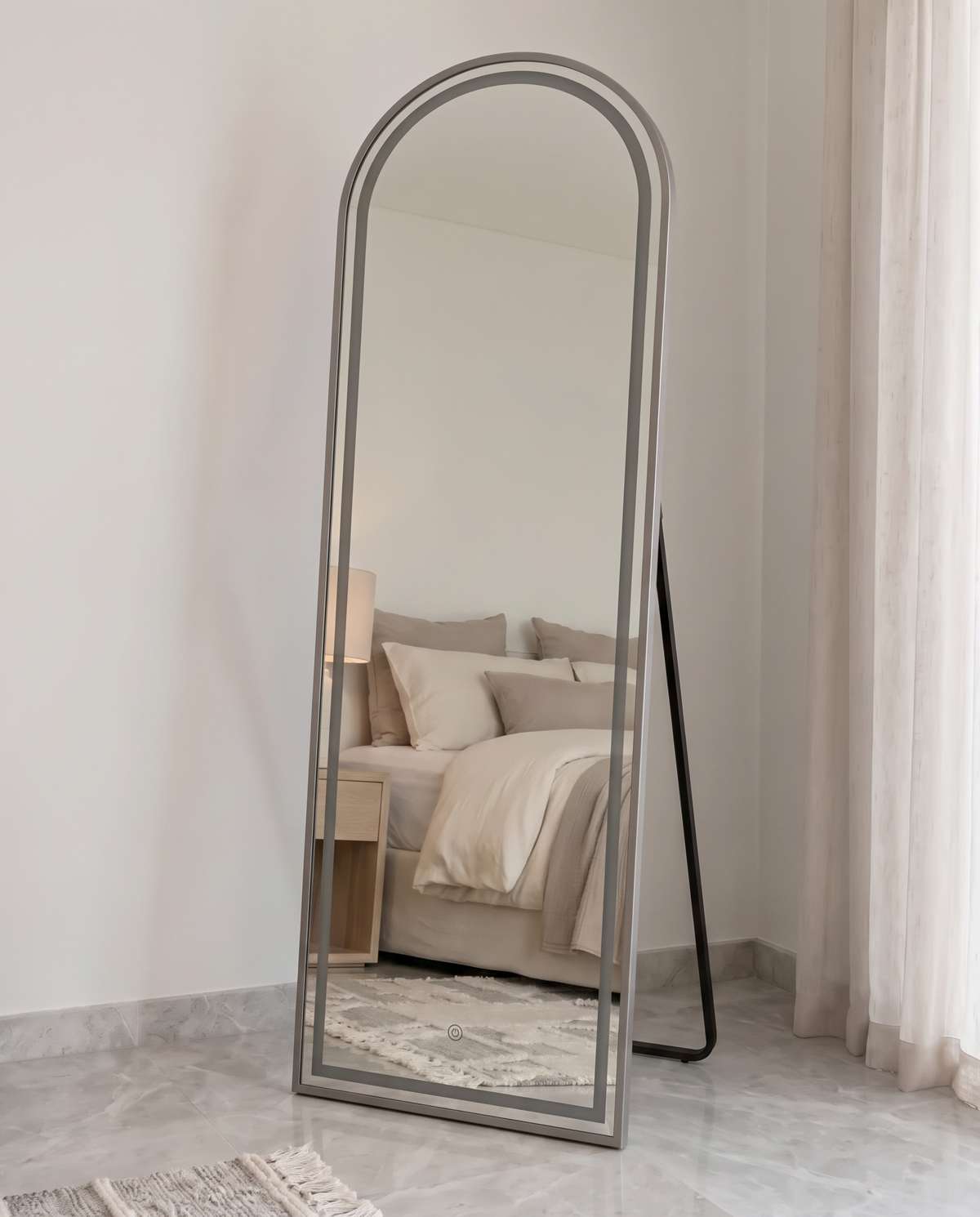 Front LED Silver Framed Arch Mirror with Stand