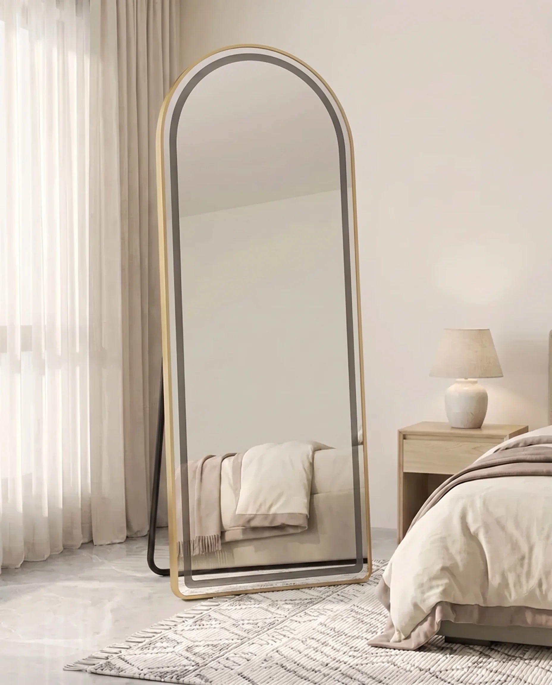 Juliette gold LED arch standing mirror, full view
