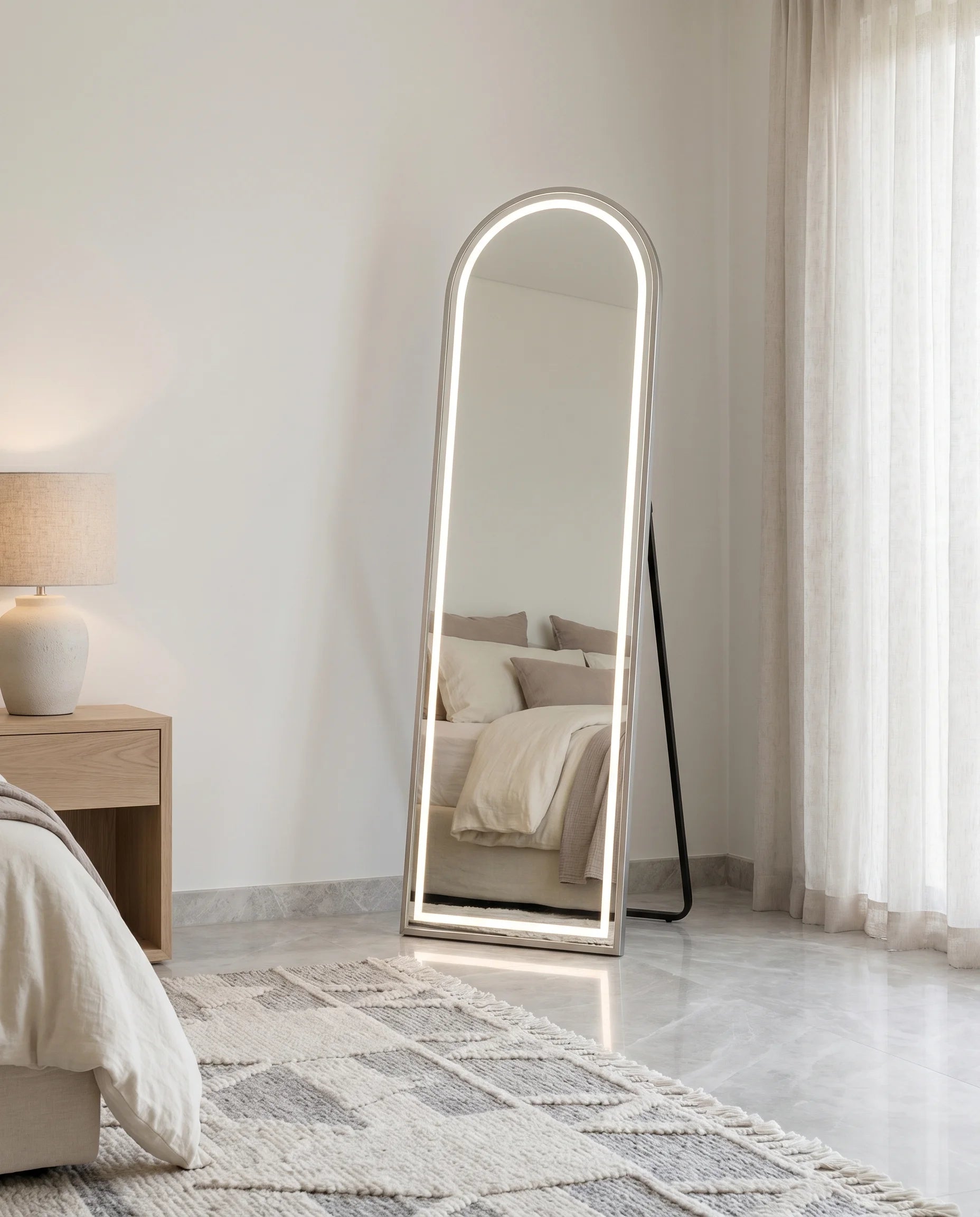 Juliette LED Silver Framed Arch Mirror with Stand