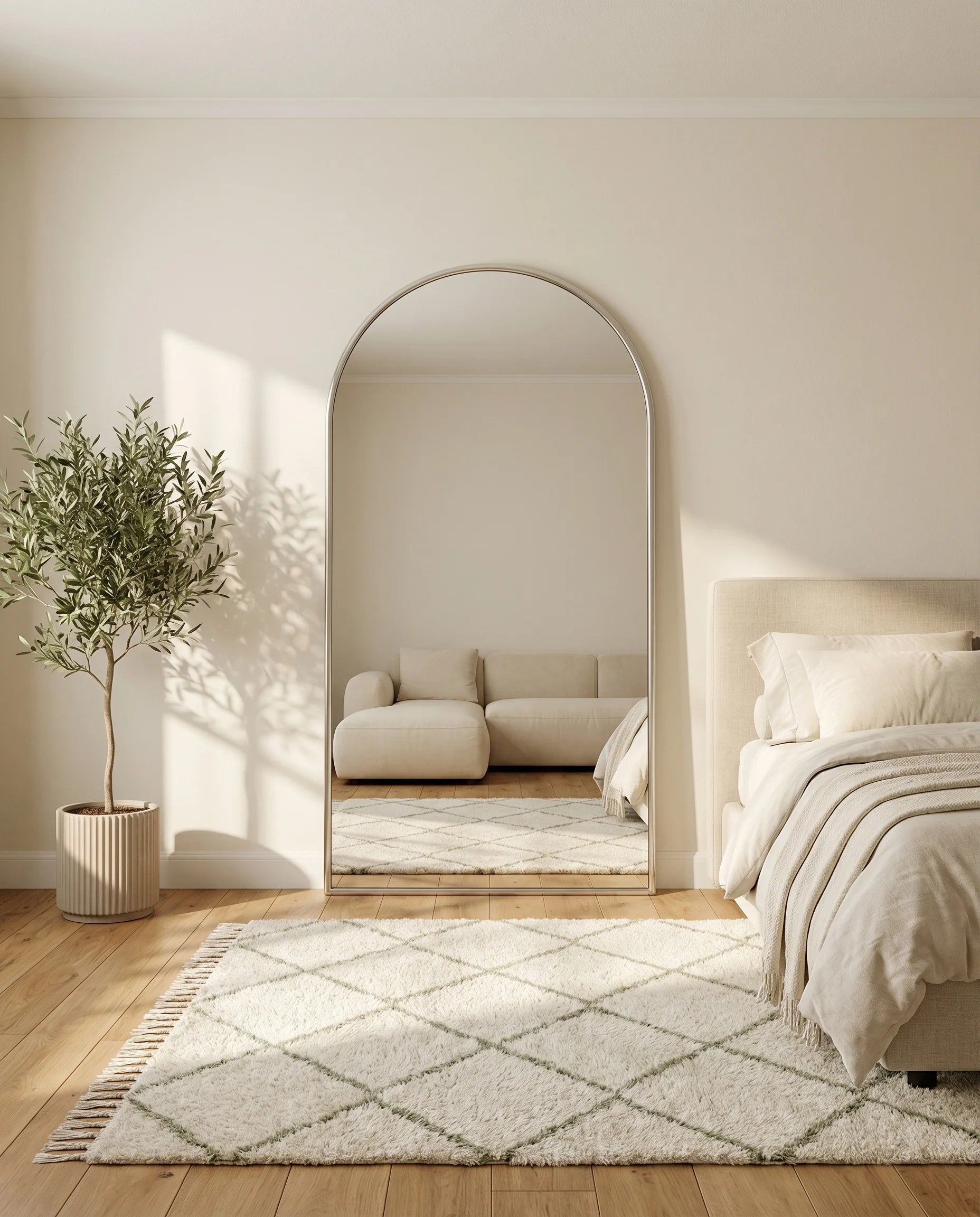 Juliette tall silver arch wall mirror in a Dubai living room