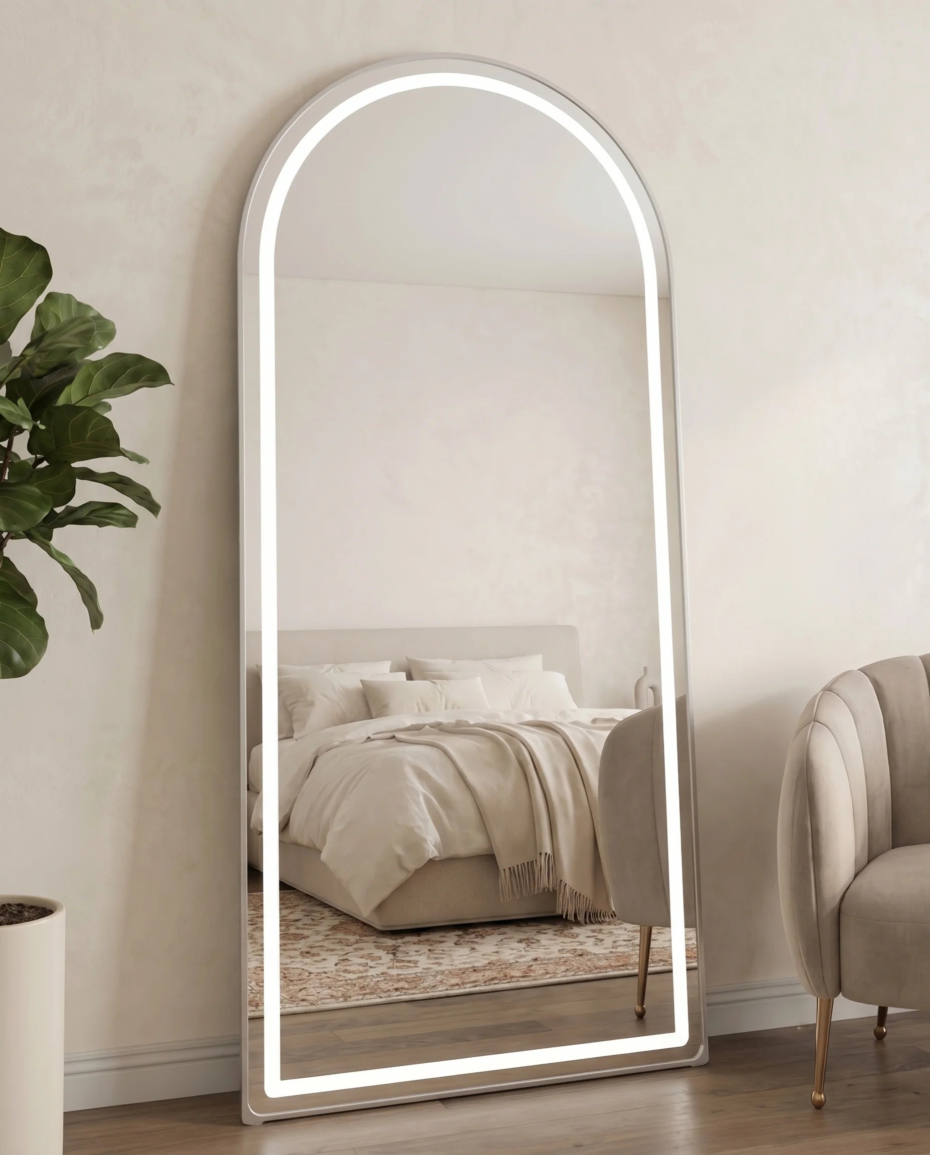 Juliette Tall Silver Framed Arch Standing Mirror with LED
